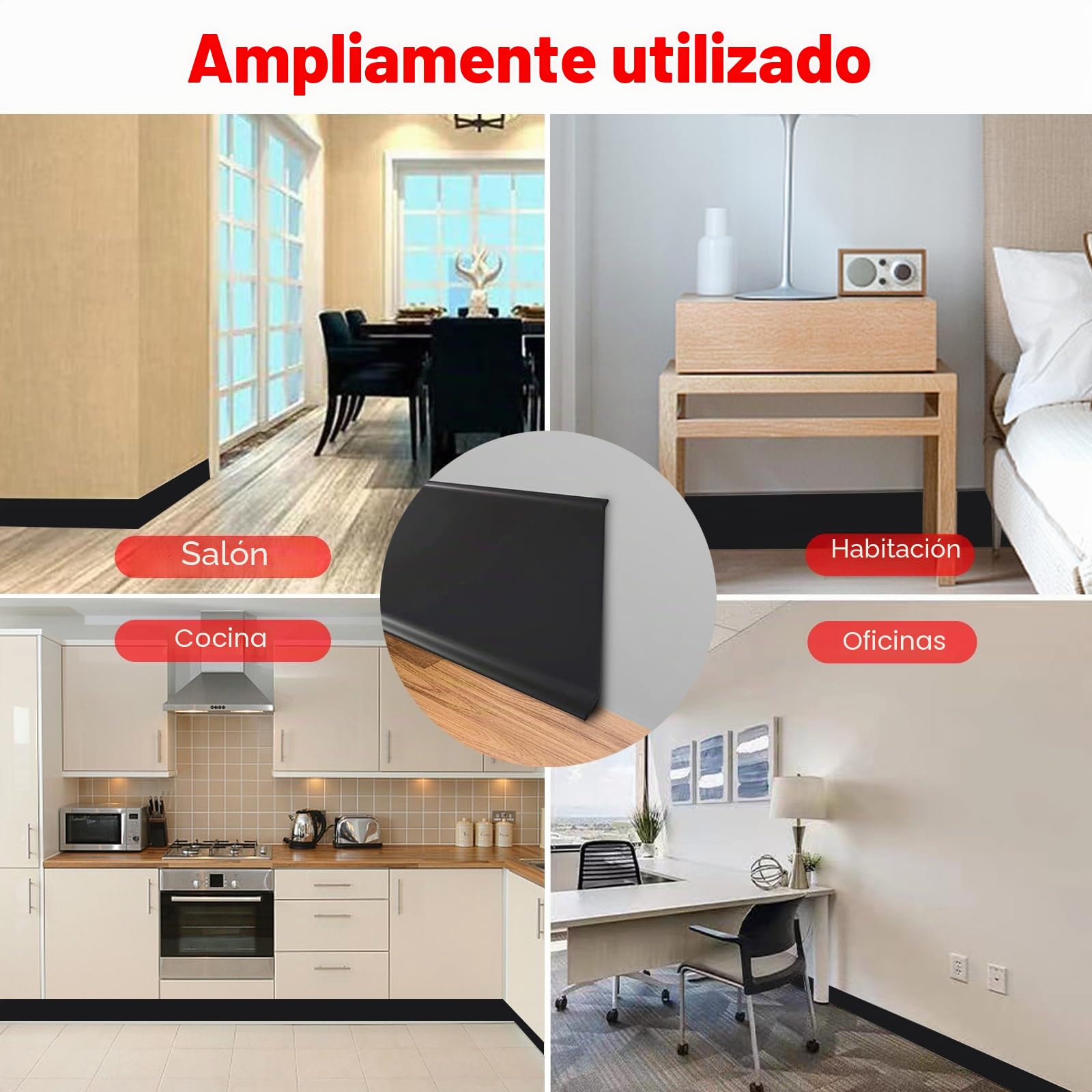 MENAYODA Rodapié blando de PVC, Listón adhesivo de 10 cm de ancho, Listón decorativo flexible con pliegues en forma de S para cubrir juntas en las esquinas (12m, Negro)