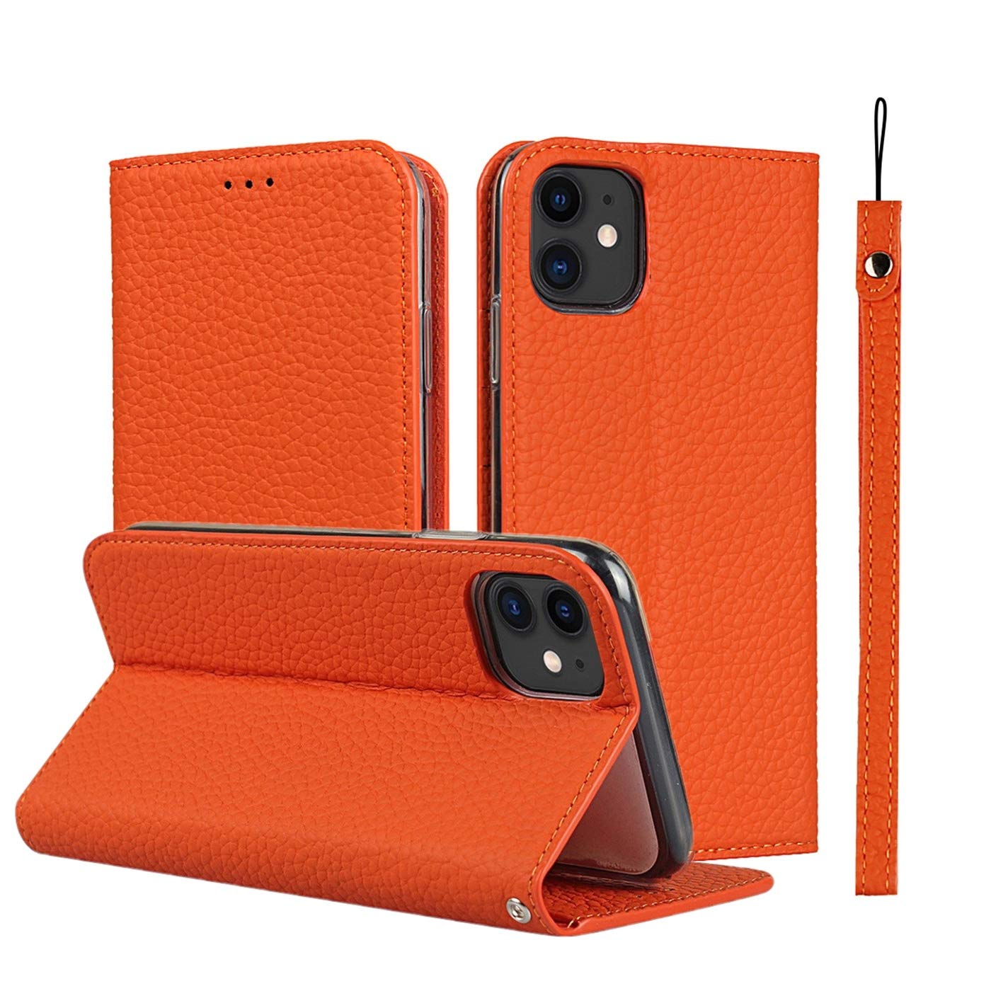 iCoverCase Genuine Leather Case for iPhone 11, Wallet Case with Wrist Strap and Card Slots Magnetic Closure Kickstand Feature Flip Cover for iPhone 11 (Orange)