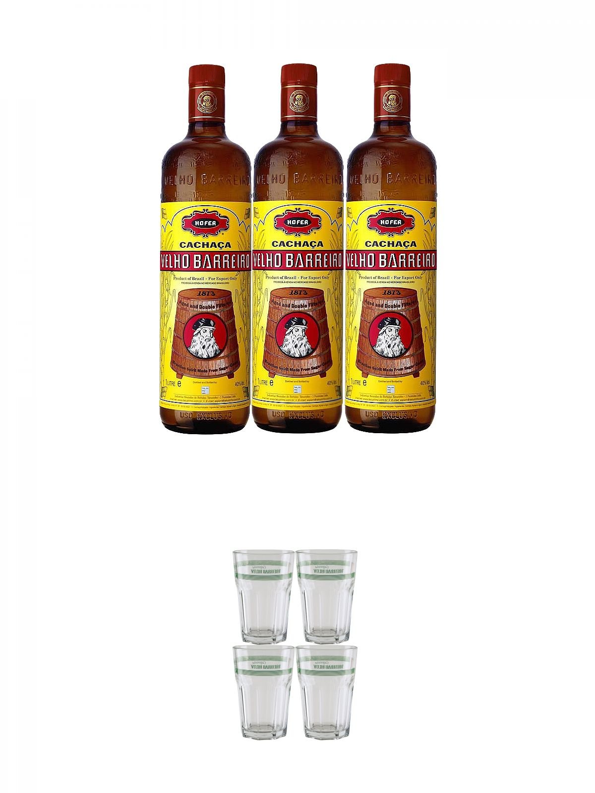Velho Barreiro Silver Cachaca Originalabfüllung 3 x 1,0 Liter + Velho Barreiro Caipirinha Glas 4 Stück