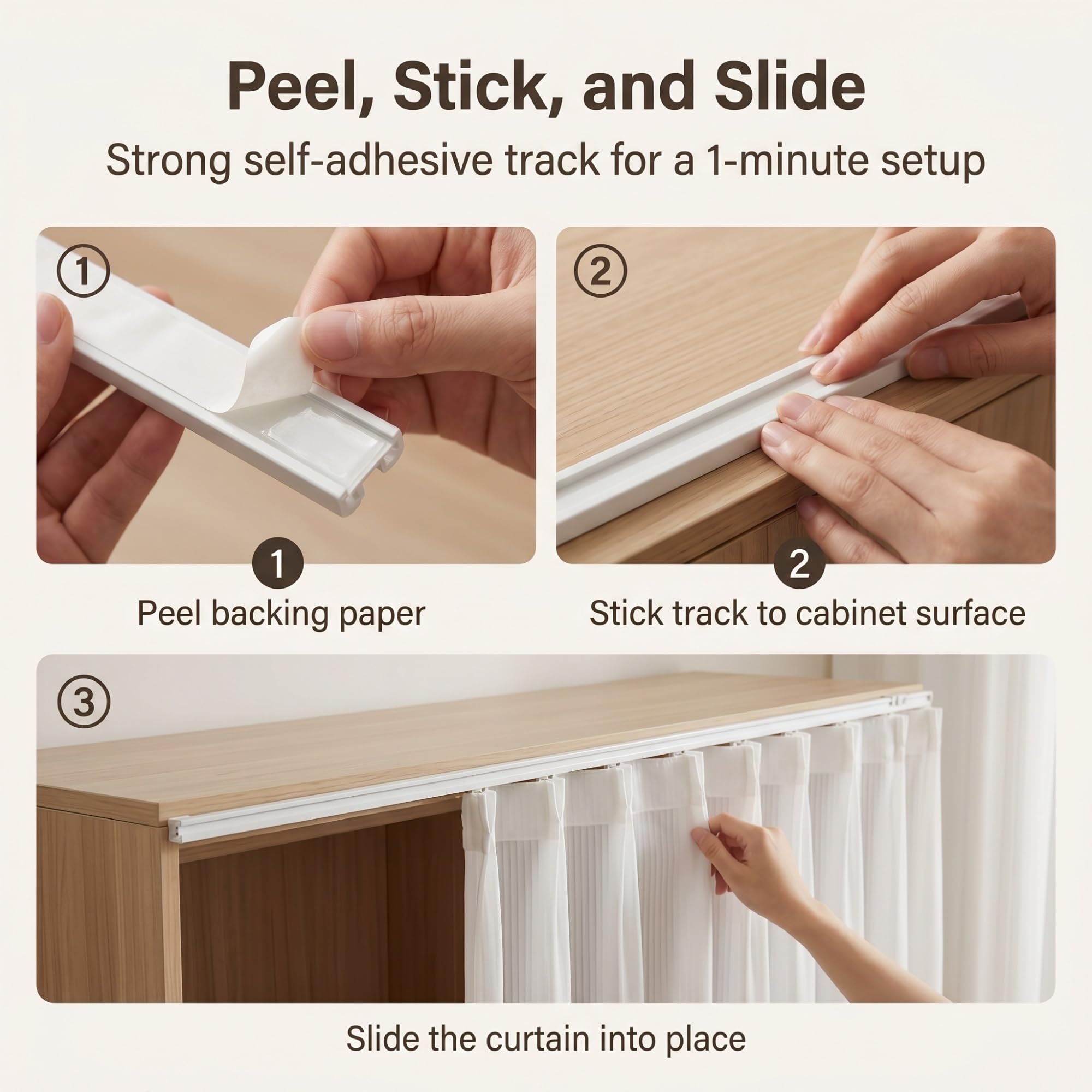 NEPHRA Rideau Placard Autocollant, Rideau sous Evier avec Rail Coulissant & sans Perçage, Rideau Cuisine en Gaze pour Armoires sans Portes, Machines à Laver & Penderies(White-D,200 x 200 cm)
