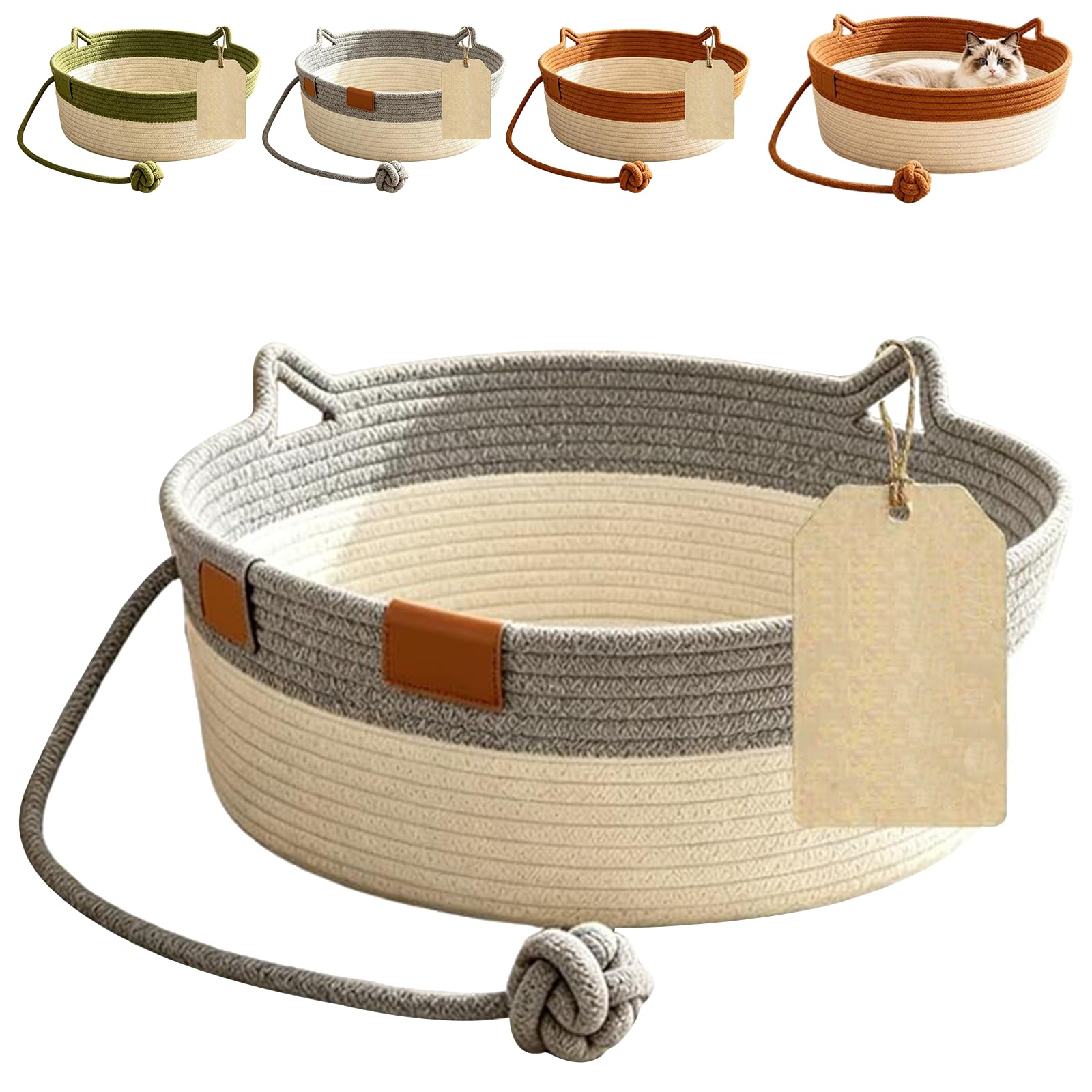 Instinct Basket Handwoven Cotton Rope Cat Bed with Hanging Ball Toy, Scratchable Breathable Cat Basket for Indoor Cats, Boho Pet Nest for Sleeping Playing & Relaxing (Grey, S)