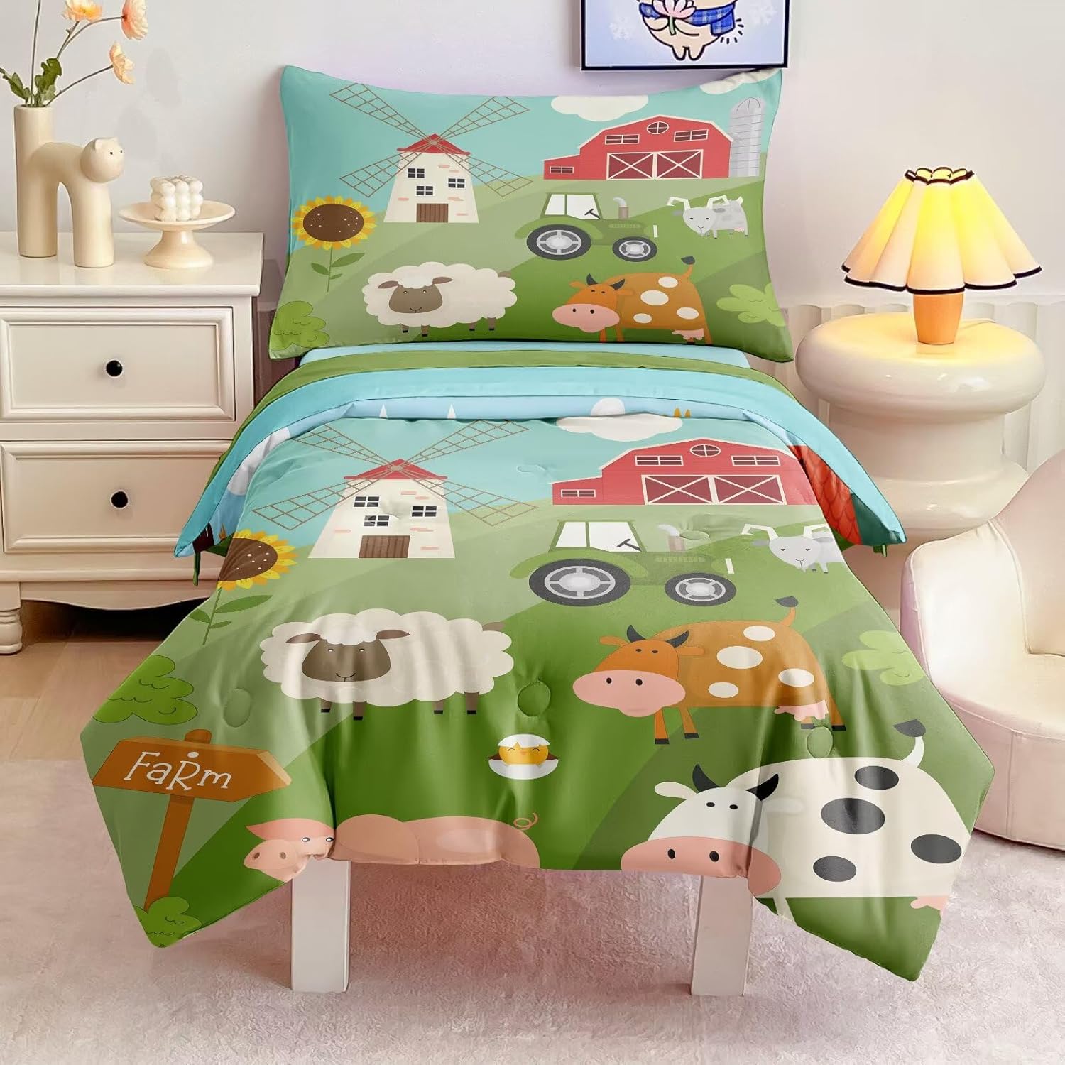 4 Pieces Toddler Bedding Set for Boys Girls,Farmhouse Farm Animal Toddler Comforter Set Bed in a Bag Includes Comforter, Flat Sheet, Fitted Sheet and Pillowcase Animal08 - Image 1 of 8