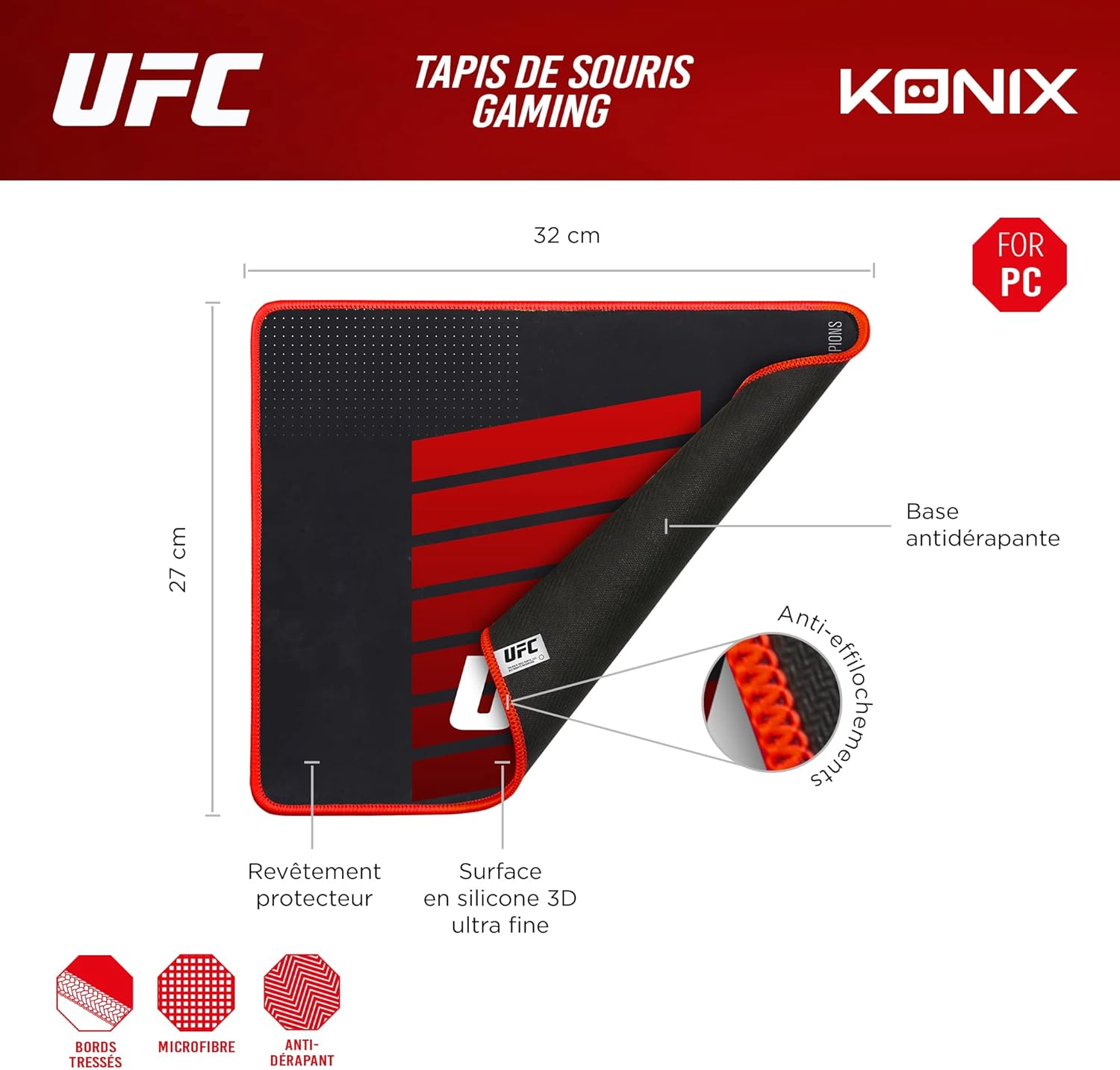 UFC 40 x 30 cm Mouse Mat for Desktop PC Gaming - Ultra Thin 3D Silicone Surface - Non-Slip Rubber Base