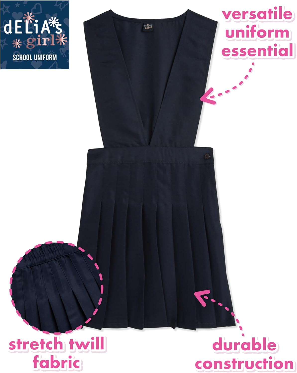 dELiA*s Girls School Uniforms - 2 Pack Pleated Twill Jumper with Double Buckle, Short Sleeve Uniform Dresses for Girls (4-16)