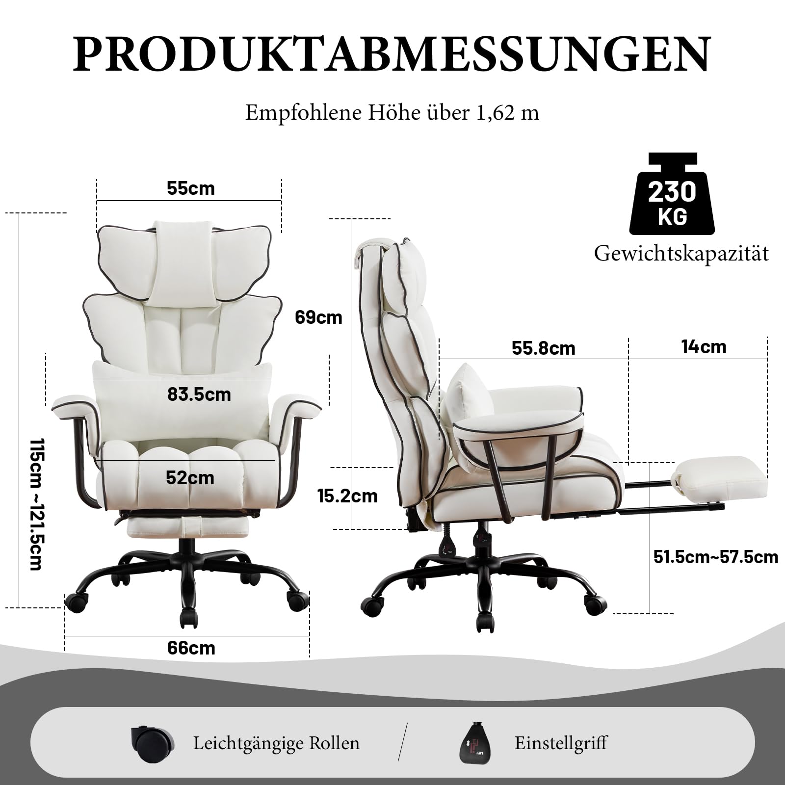 Gaming Stuhl Bürostuhl Ergonomisch, PU Leder Chefsessel, Bürostuhl 200kg mit Fußstütze und Lendenwirbelstütze, Home Office Stuhl Verstellbarer Stuhl mit hoher Rückenlehne, Drehstuhl (Weiß)