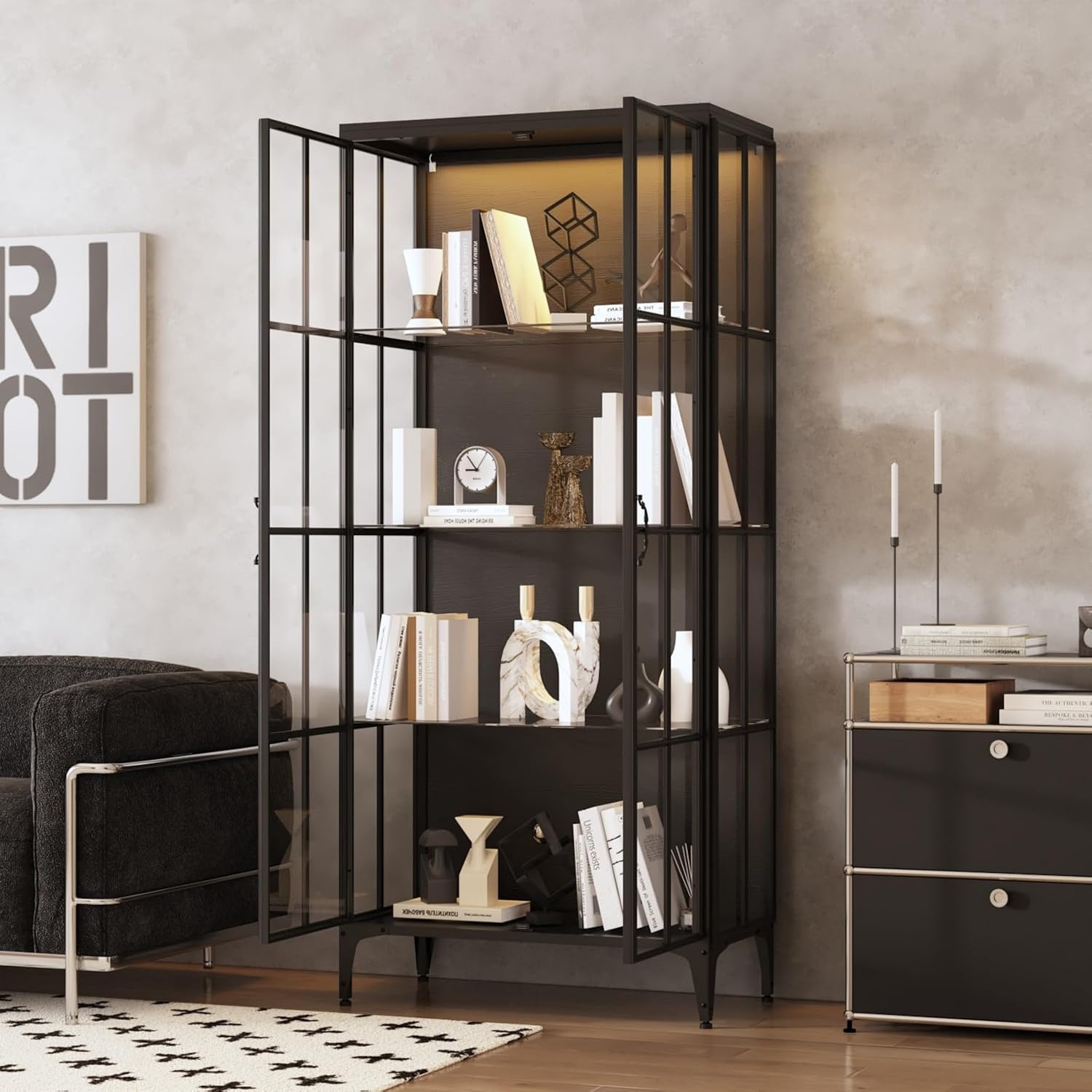 Display Cabinet with Glass Doors & LED Lights, Storage Cabinet with 4 Tier Glass Shelves & Metal Frame, Black, 31.5”W x 15.7”D x 70.9”H
