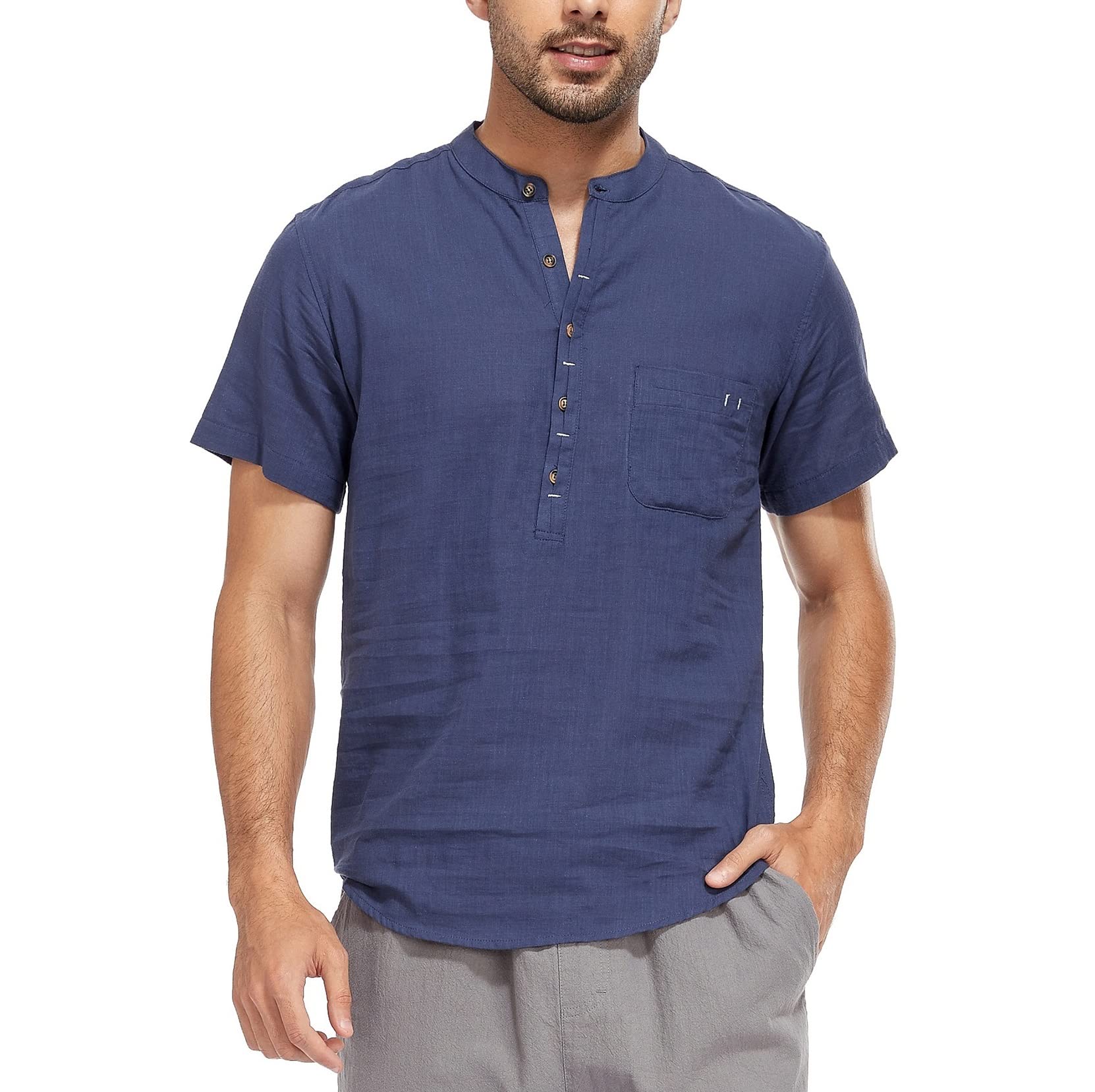 WAZZAP Camisas para Hombre Manga Corta de Algodón y Lino Verano Henley Camisas Casual Hippie Playa Camisa