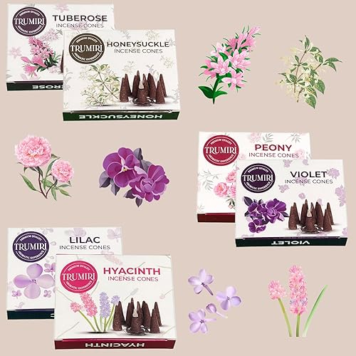 Miniatura 8 de Trumiri Conos de incienso Blossom  Paquete variado  Total 60 conos de incienso (6 aromas x 10 conos)  Peonía, lila, violeta, madreselva, jacinto,