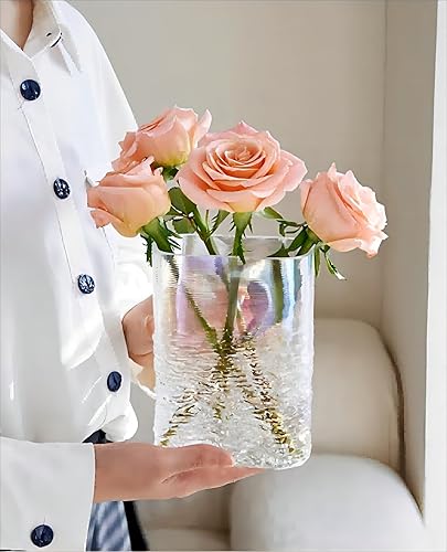 Miniatura 3 de Jarrón de vidrio transparente, jarrón de vidrio para libros de 1.74 libras, diseño único cuadrado de boca ancha y ola oceánica para decoración