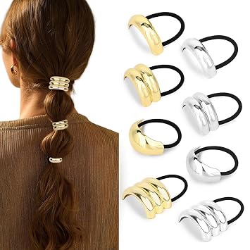 8PCS Metal Hair Tie for Thick Thin Ponytail Gold and Silver Hair Cuffs for Women and Girls Non-Damage Gold Hair Ties Durable Hair Accessories for Girls Elastic Fashion Bracelet Hair Ties