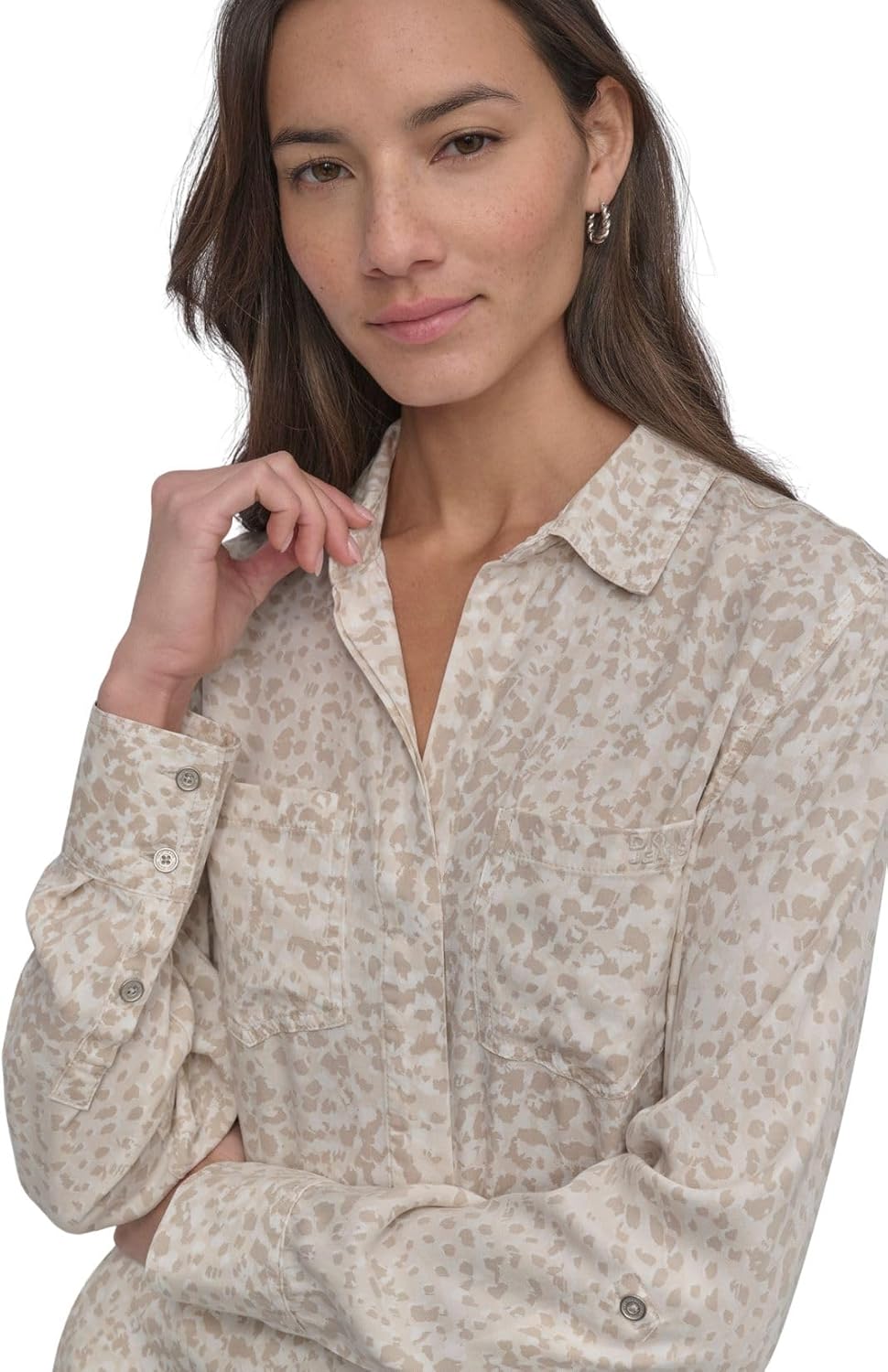 DKNY Women's Splitback Long Sleeve Button Down with Cuffed Sleeve