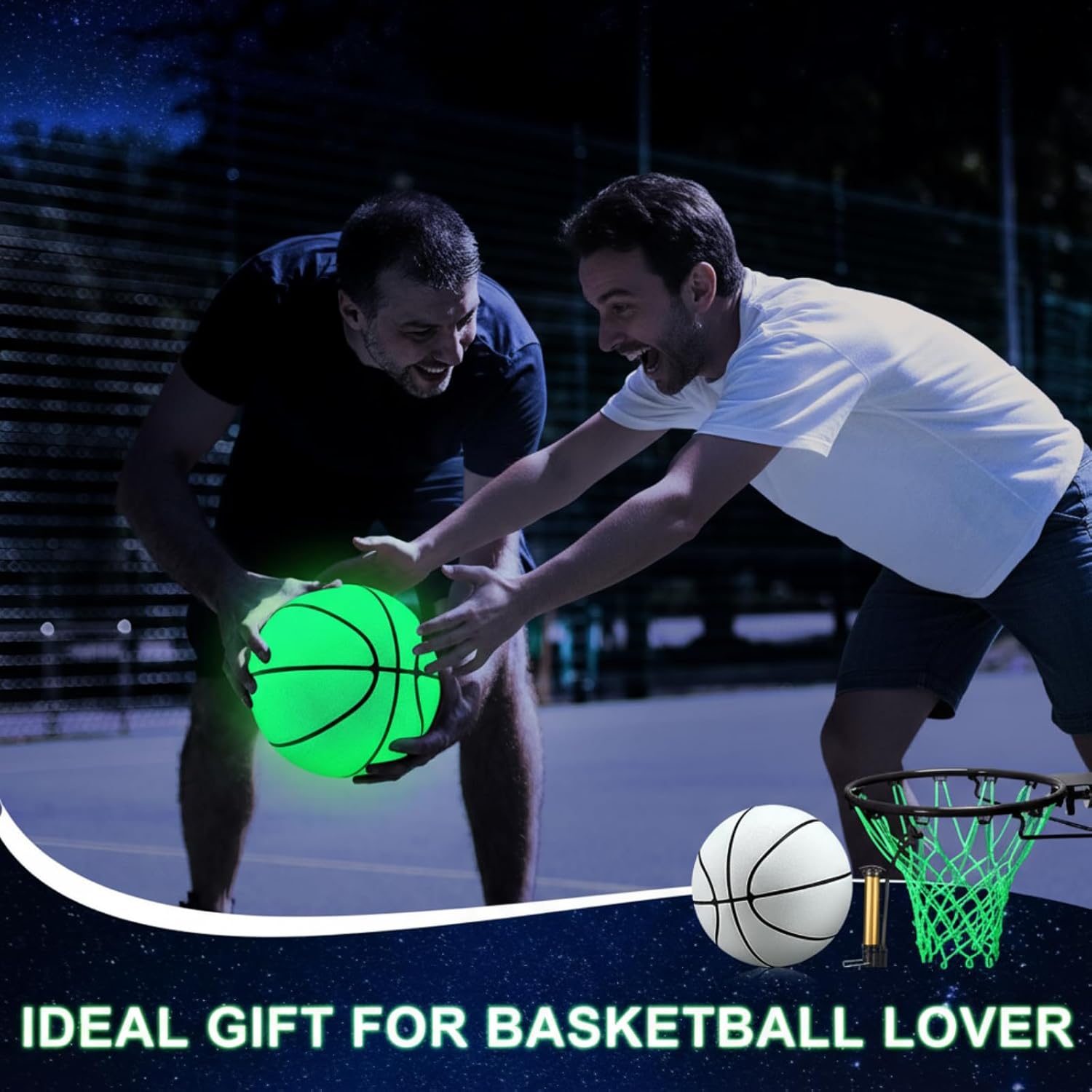 Jenaai 3 Pcs Glow Basketball Set, Includes Size 7 Glowing Basketball Light up Nightlight Net with Pump for Hoop Luminous Sports Gift Sports Prize Back to School