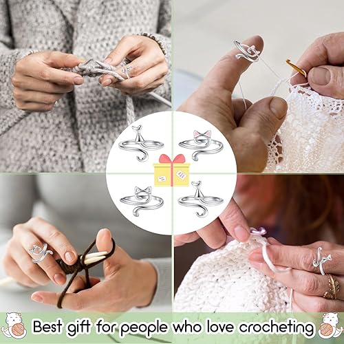 Miniatura 6 de Juszok Crochet Rings for Crocheting Adjustable Crochet Tension Ring for Finger Cat Yarn Guide Ring Knitting Crochet Accessories with Box for Women