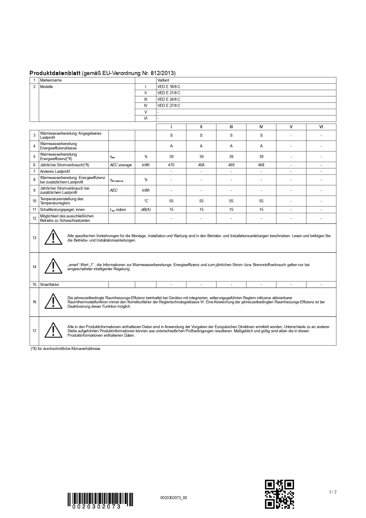 Vaillant elektronischer Durchlauferhitzer, VED pro 21/8, druckfest, 21kW, 400V, Wasserleistung von 8 l/min, drei einstellbare Fixtemperaturen (35°C/45°C/55°C), 0010023794
