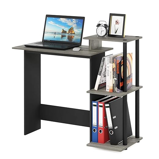 Furinno EFFICIENT Desk, 28.6" Wide Gaming Desk with 3 Open Side Shelves, Laptop Notebook Computer Desk, Office Desk for Home Office, Study Room, Dorm, Bedroom, French Oak/Black