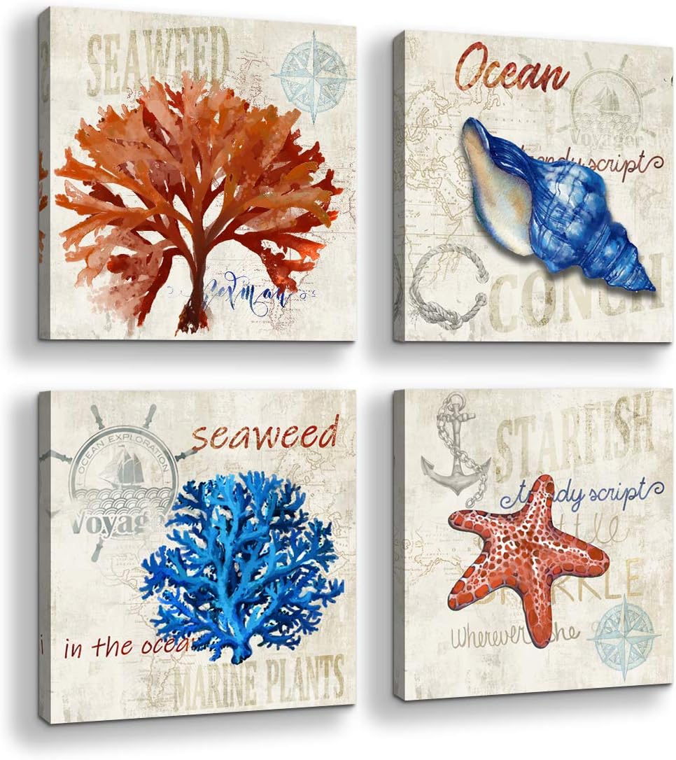 Bathroom Decor Ocean Canvas Wall Art Beach Themed Reddish Brown Navy Starfish Conch Seaweed Print Picture Artwork Ready to Hang for Home Kid Girls Room Bedroom Wall Decoration Size 14x14 Each Panel