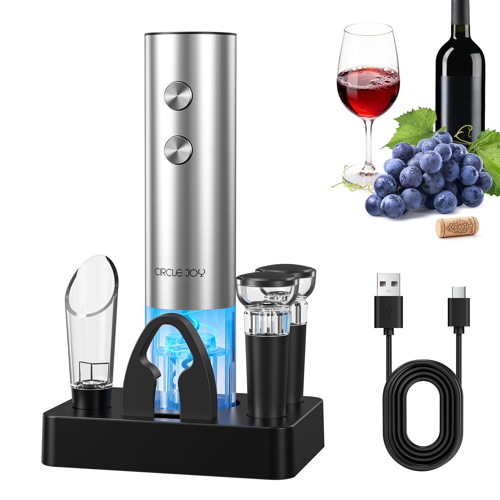 CIRCLE JOY Electric Wine Opener Rechargeable, 6-in-1 Stainless Steel Electric Cordless Wine Bottle Opener with Pourer &amp; Foil Cutter, 2 Vacuum Preservation Stoppers and Base, Gift for Home, Party, Bar