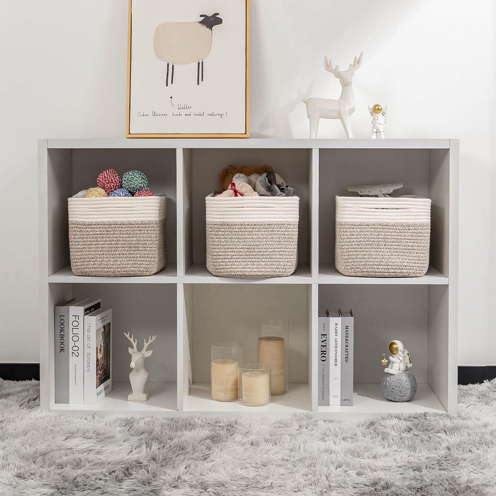 Kriitools Cubes Closet Storage Baskets Bins for Organizing, Storage Cube Bins Shelf Organizer Baskets,Skin-friendly Towels Woven Basket, Off White&Light Brown 3 pack