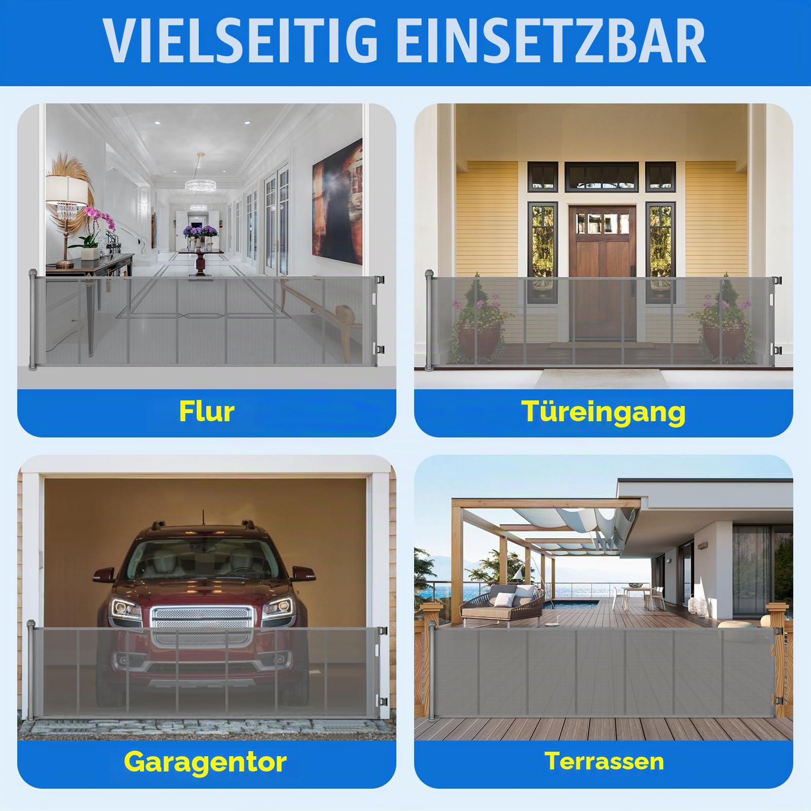 MYPIN Extra breites Türschutzgitter Ausziehbar, 0-300cm Treppenschutzrollo Hund Türgitter und Baby Treppenschutzgitter Einziehbares Tür Ausziehbare Kinder Schutzgitter für Innen- und Außenbereich,Grau