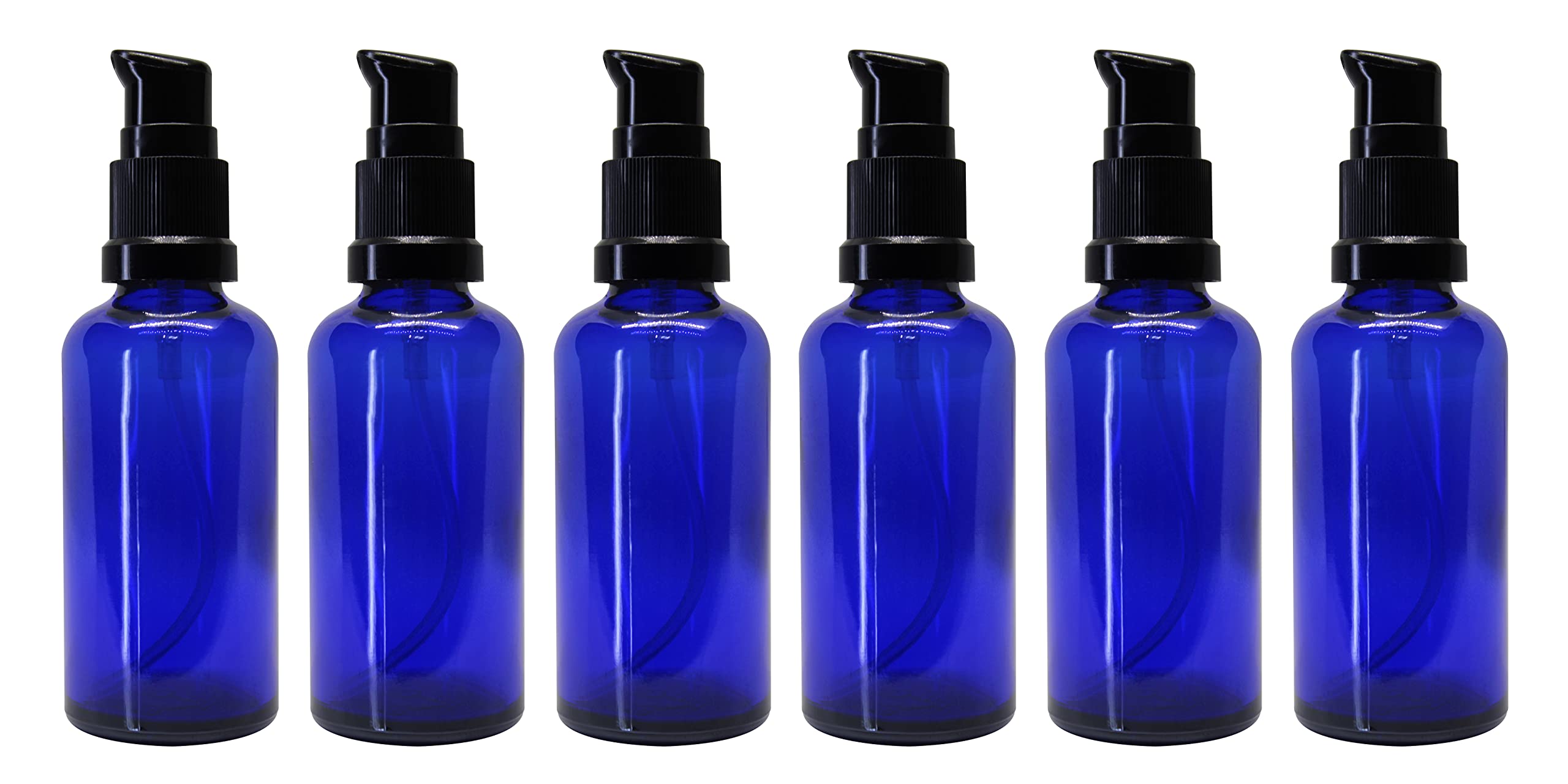 nsb herbals50 ML Blue Color Round Empty Glass Bottle with Lotion Pump & Black Cap for Essential Oils, Blends, DIY Skin Care, Cosmetics, Multipurpose Bottle for Home and Travel Purpose (Pack of 6)