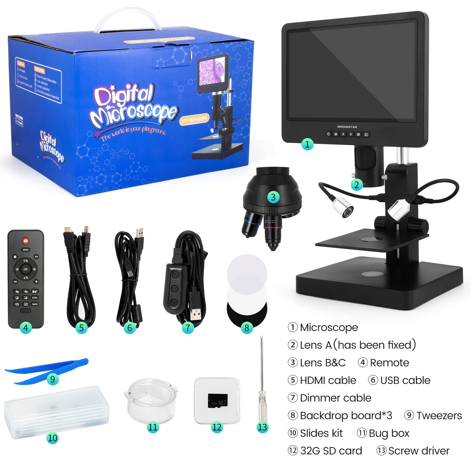Andonstar AD249S-P Microscope numérique HDMI 10,1 Pouces, 4000x 3 objectifs 2160P Enregistrement vidéo UHD, kit de Microscope Biologique pour Adultes, Carte SD 32G