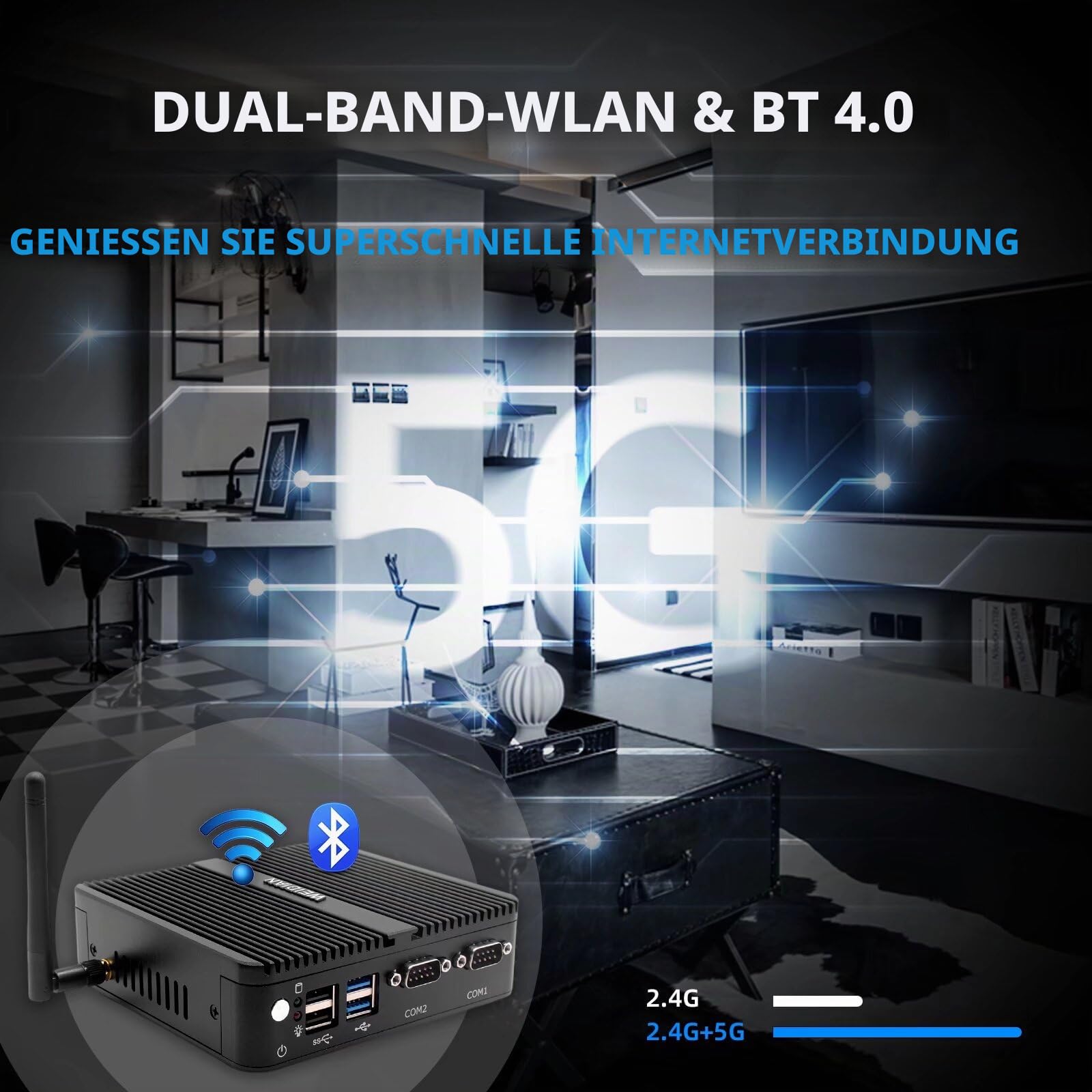 WEIDIAN Lüfterloser PC, Industrie PC, J5005(bis zu 2,8 GHz) Industrial Fanless Mini Computer, HD/VGA Dual Display 4K HD, USB3.0, 2RS232 Com, 2Gigabit Ethernet, WiFi, Win11(8GB RAM 128GB SSD)