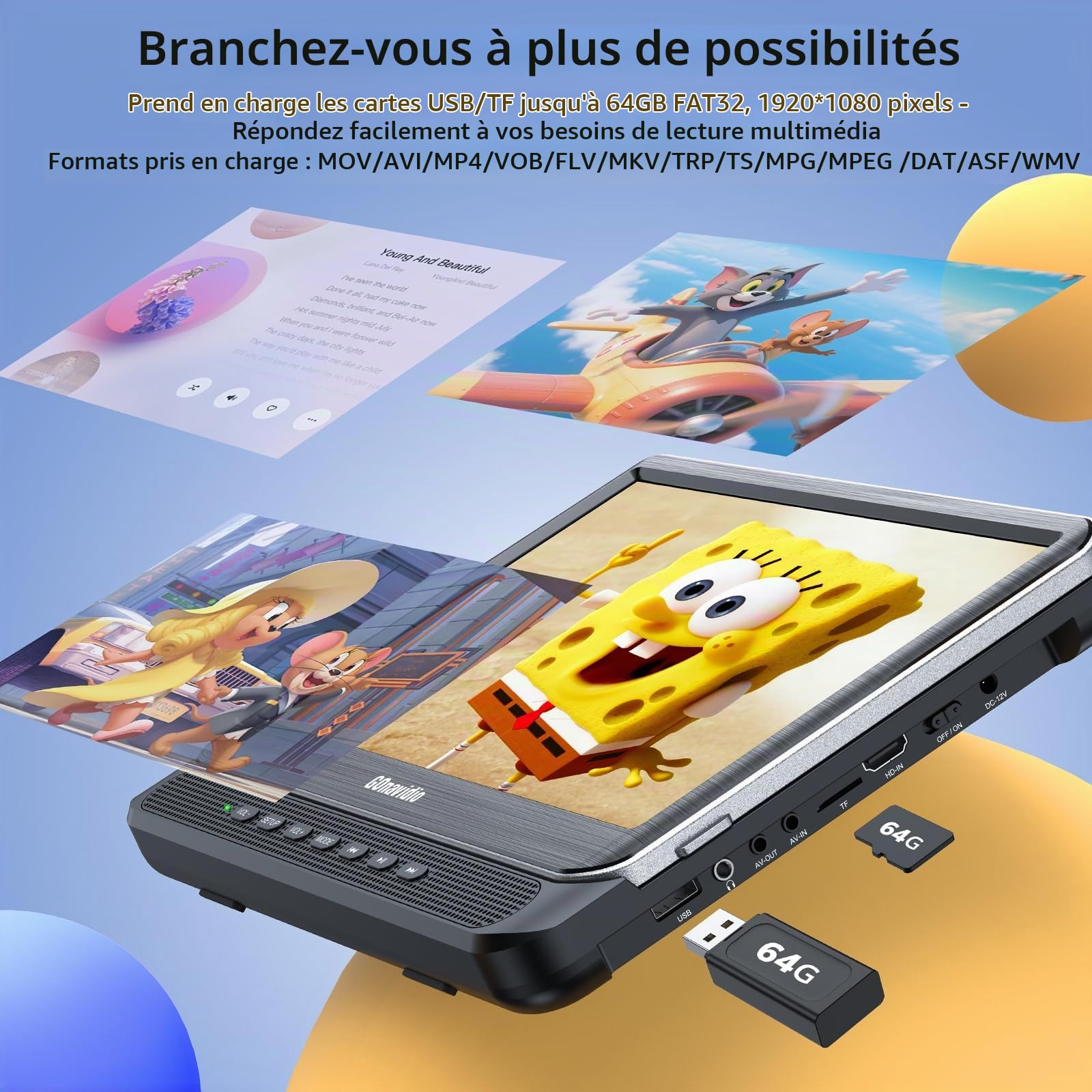 GOnavidio Double lecteur DVD de voiture avec entrée HDMI, écran TV de voiture avec écouteurs, supports de montage, support de synchronisation TV/téléphone, carte USB/TF, MP4/MKV, lecture de films