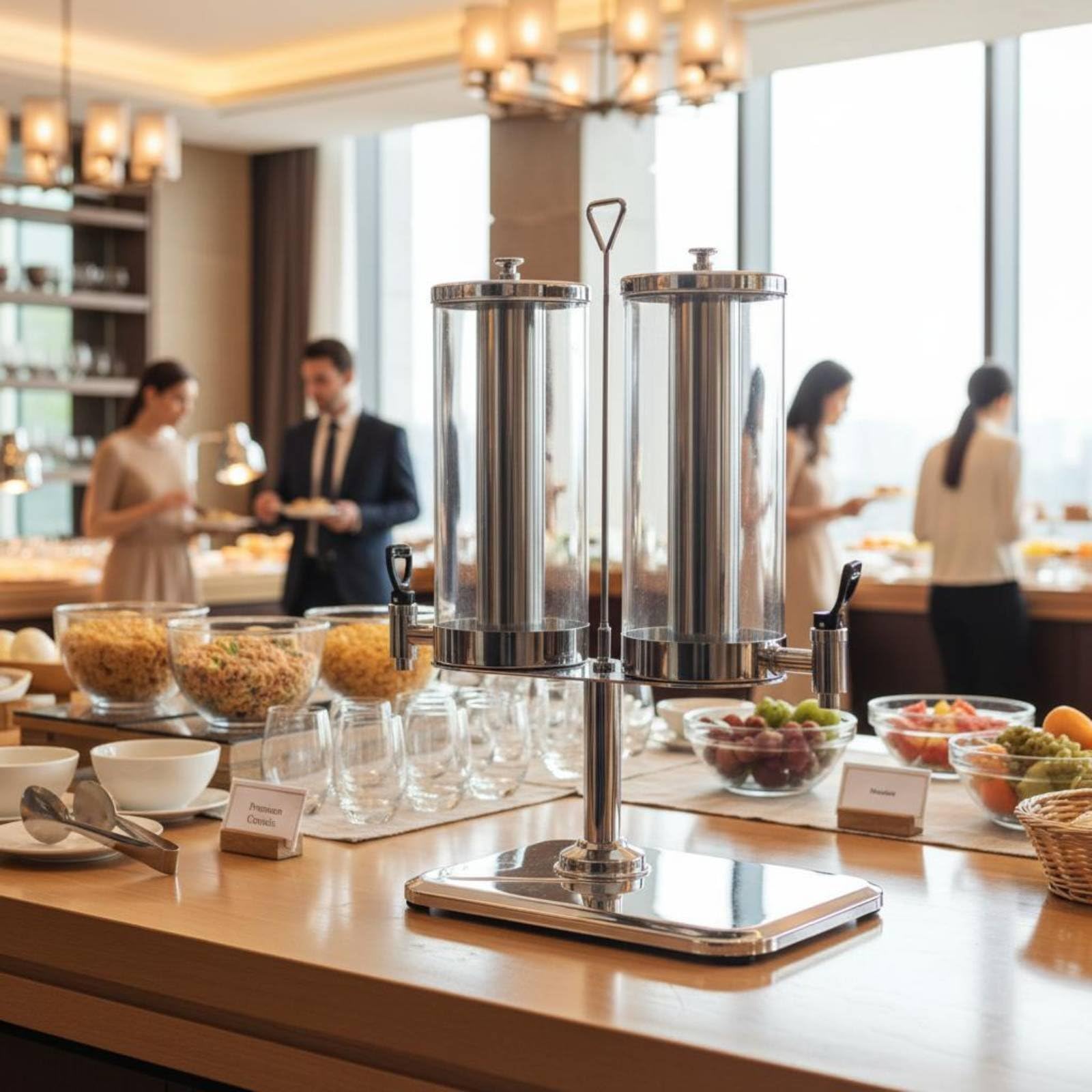 Gralara Erogatore Doppio da Colazione Rubinetto in Acciaio Inossidabile Distributore di Cereali Grande Capacità per Buffet, Feste, Distributore Rotante Doppio Per Cereali