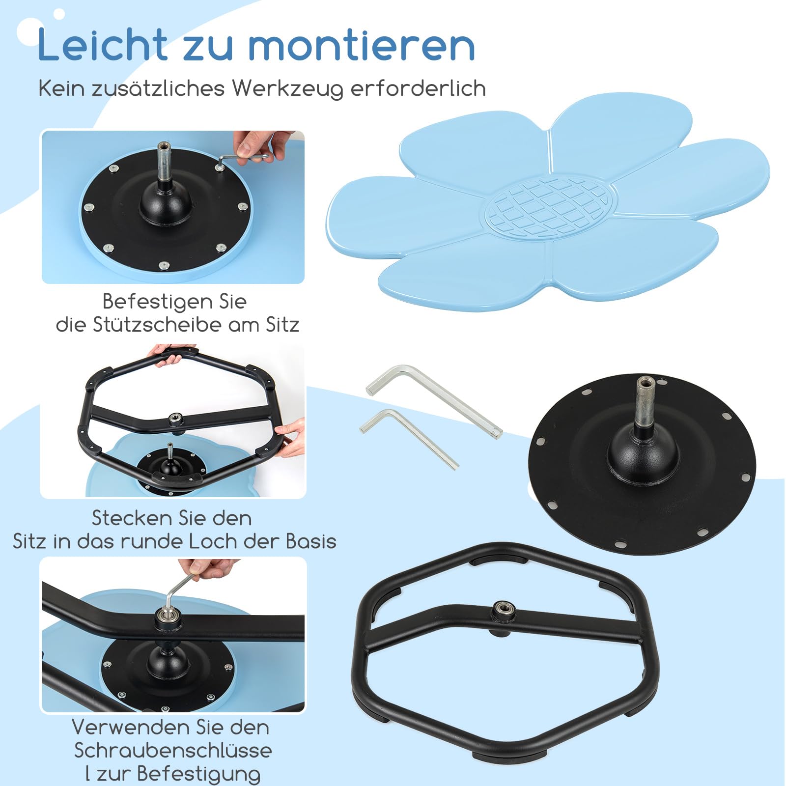 COSTWAY Sensorischer Drehstuhl Kinder, 360° Kinderdrehstuhl, Karussell Autismus Kinderstuhl mit Rutschfester Metallbasis, Karussellstuhl Indoor für Kleinkinder ab 3 Jahren (Blau,Blume)