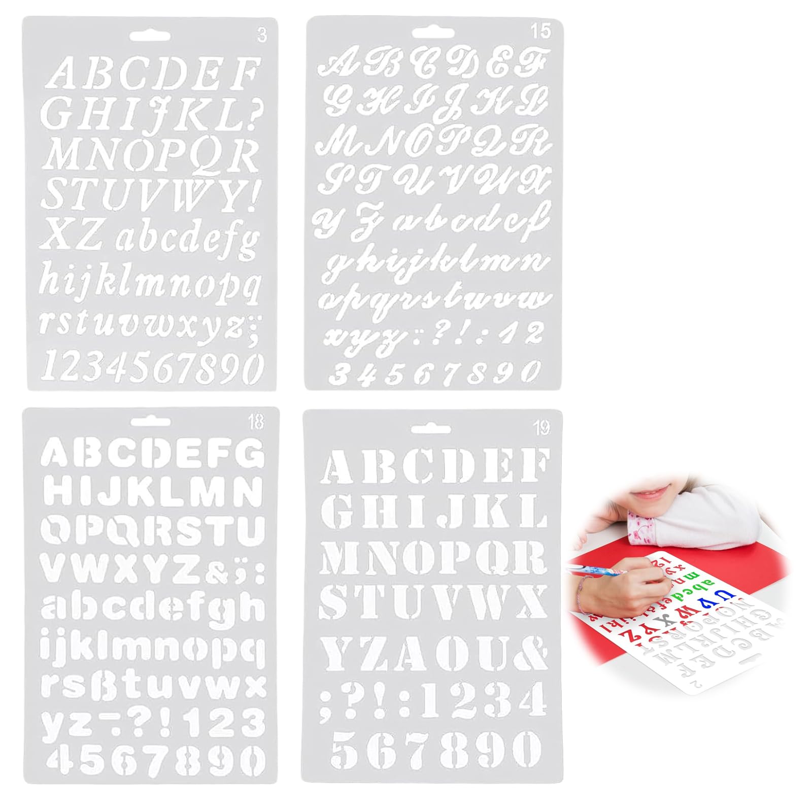 Alphabet Painting,Reusable Plastic Number Stencils,Plastic Number and Letter Artistic Drafting Drawing Templates Stencil Set,4PCS Stencil Set for DIY Craft Journal Photo Album ScrapbookDiary