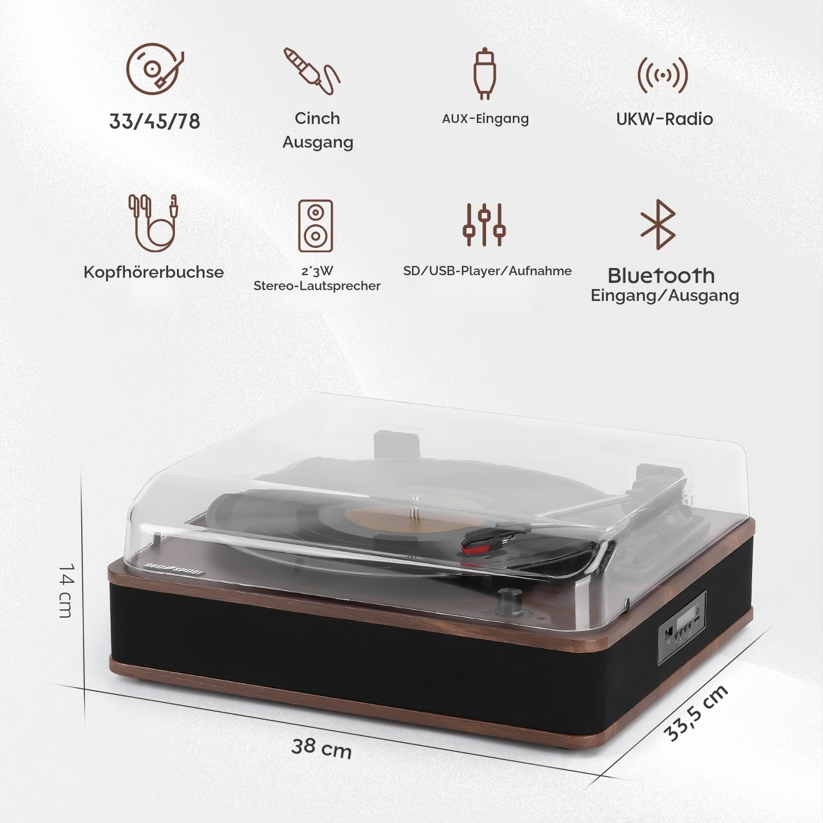 Plattenspieler, Bluetooth-Eingangs- und Ausgangs-Plattenspieler mit eingebauten Lautsprechern, FM-Radio, Vinyl-MP3-Aufnahme, USB- und SD-Wiedergabe, LED-Bildschirm, Walnuss