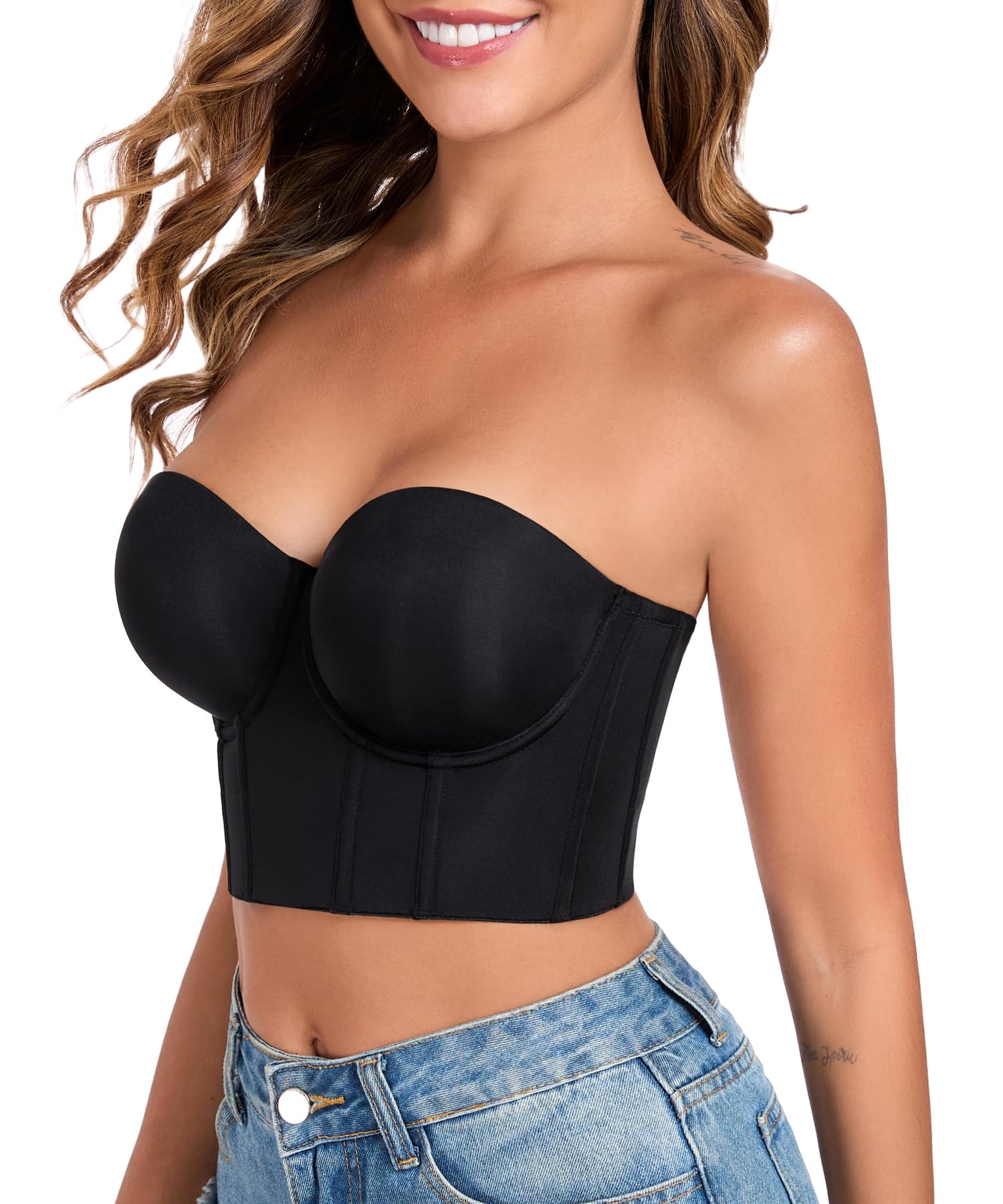 Lemorosy Women's Longline Strapless Bra Full Figure Corset Top Anti Slip Underwire Support Bras Plus Size Bustier