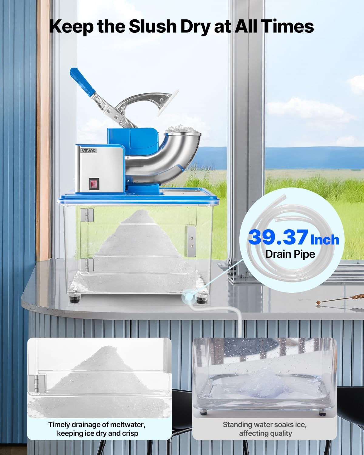 VEVOR Commercial Ice Crusher 661LBS/H, 350W Electric Snow Cone Machine with 4 Blades, 2000RPM Stainless Steel Shaved Ice Machine with 11 Gal Crushed-Ice Box, for Family Restaurants Bars, Blue