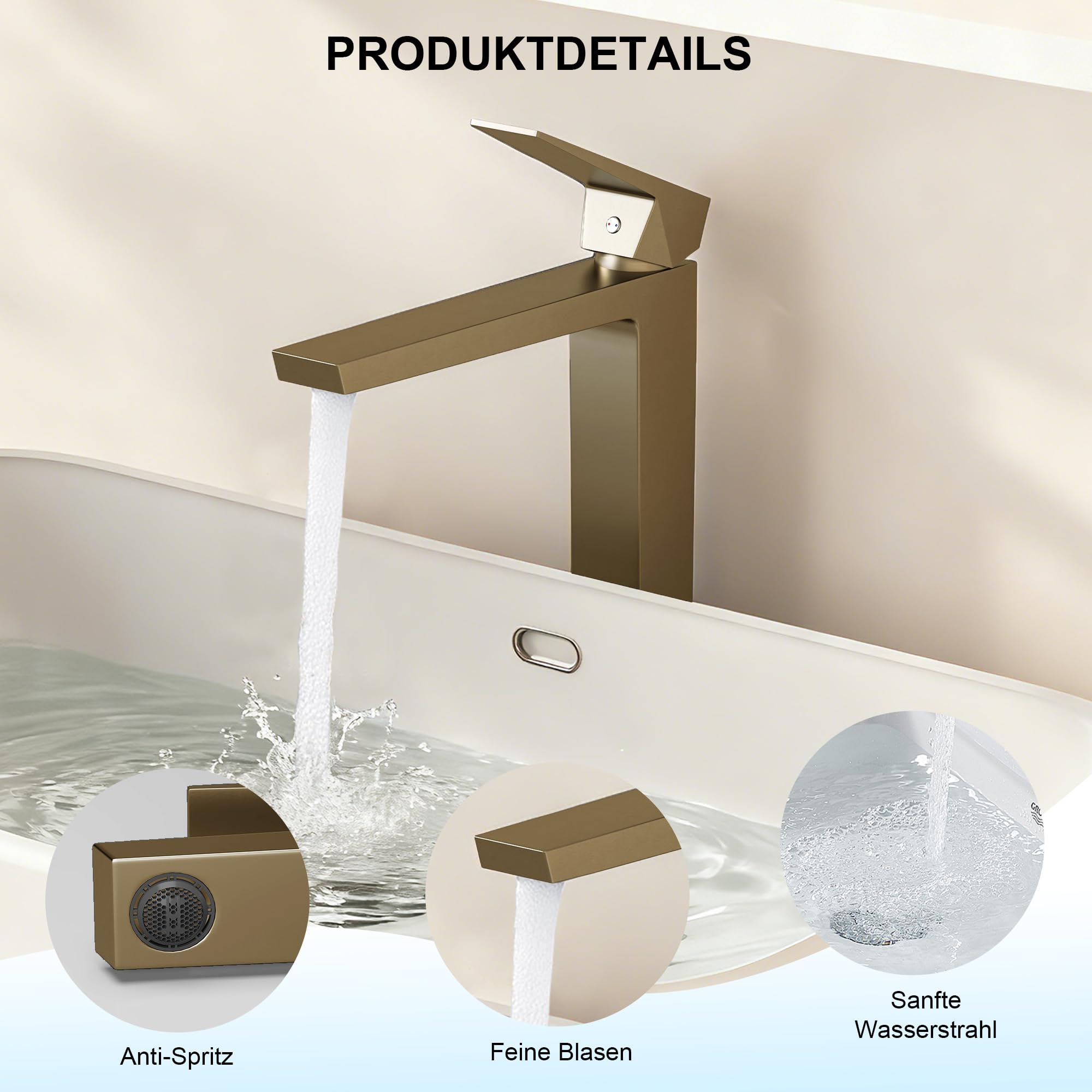 Wasserhahn Bad Einhandmischer, Anti-Spritz Waschtischarmatur Armatur, Badezimmer Sanfte Wasserstrahl Waschbecken Waschtischarmatur, Gold, Auslauf Höhe 230 MM