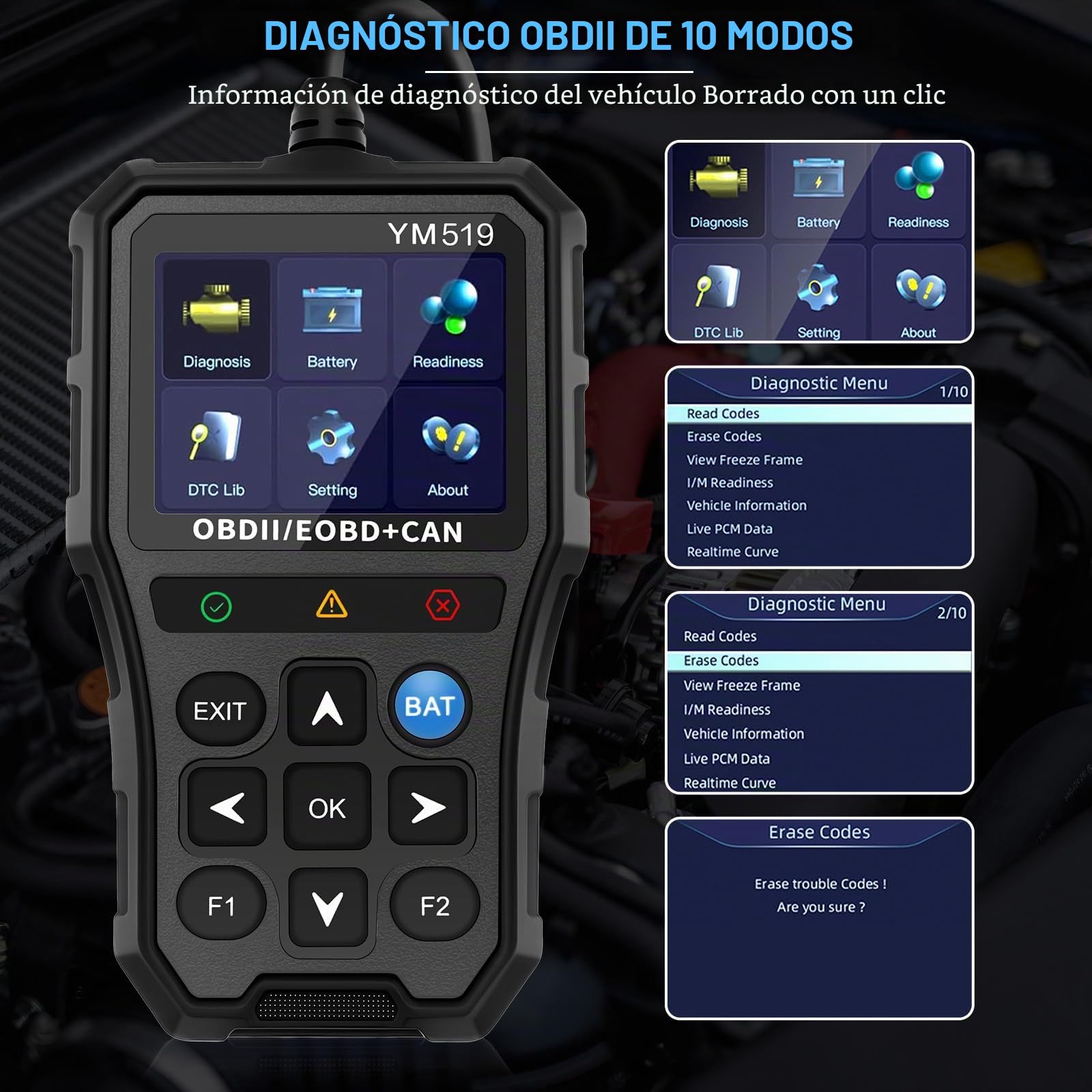 OBD2 Diagnosis Coche Scanner Lector Diagnóstico Apoya Español con 10 Modos de Diagnóstico, Prueba de Componentes/Sistemas, Borra Códigos de Error del Vehículo