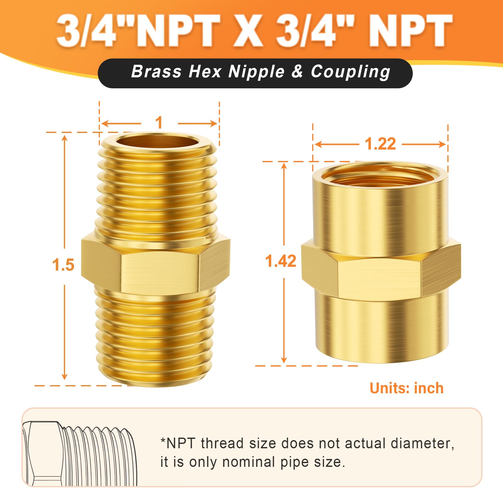 GASHER 12 accesorios de tubería de latón, acoplador hexagonal de latón, tubo de rosca macho NPT de 3/4 x 3/4 pulgadas, tubo de rosca hembra NPT de 3/4 x 3/4 pulgadas
