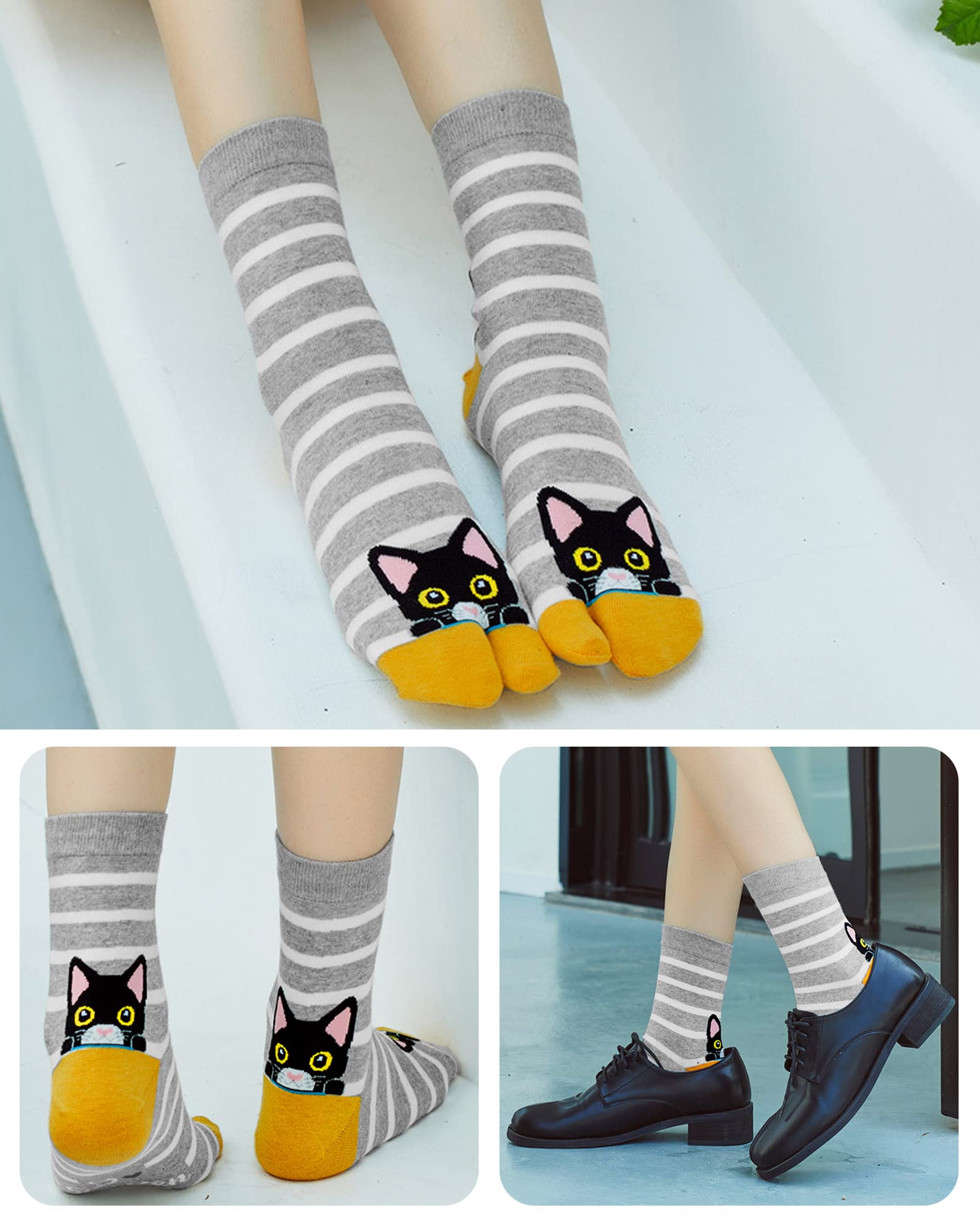 Tabi Skarpety damskie, japonki, bawełniane, krótkie, z dwoma palcami, styl japoński, kolorowy, zabawny wzór sakura, rozmiar 35-41, 4 pary, 4 pary kotek