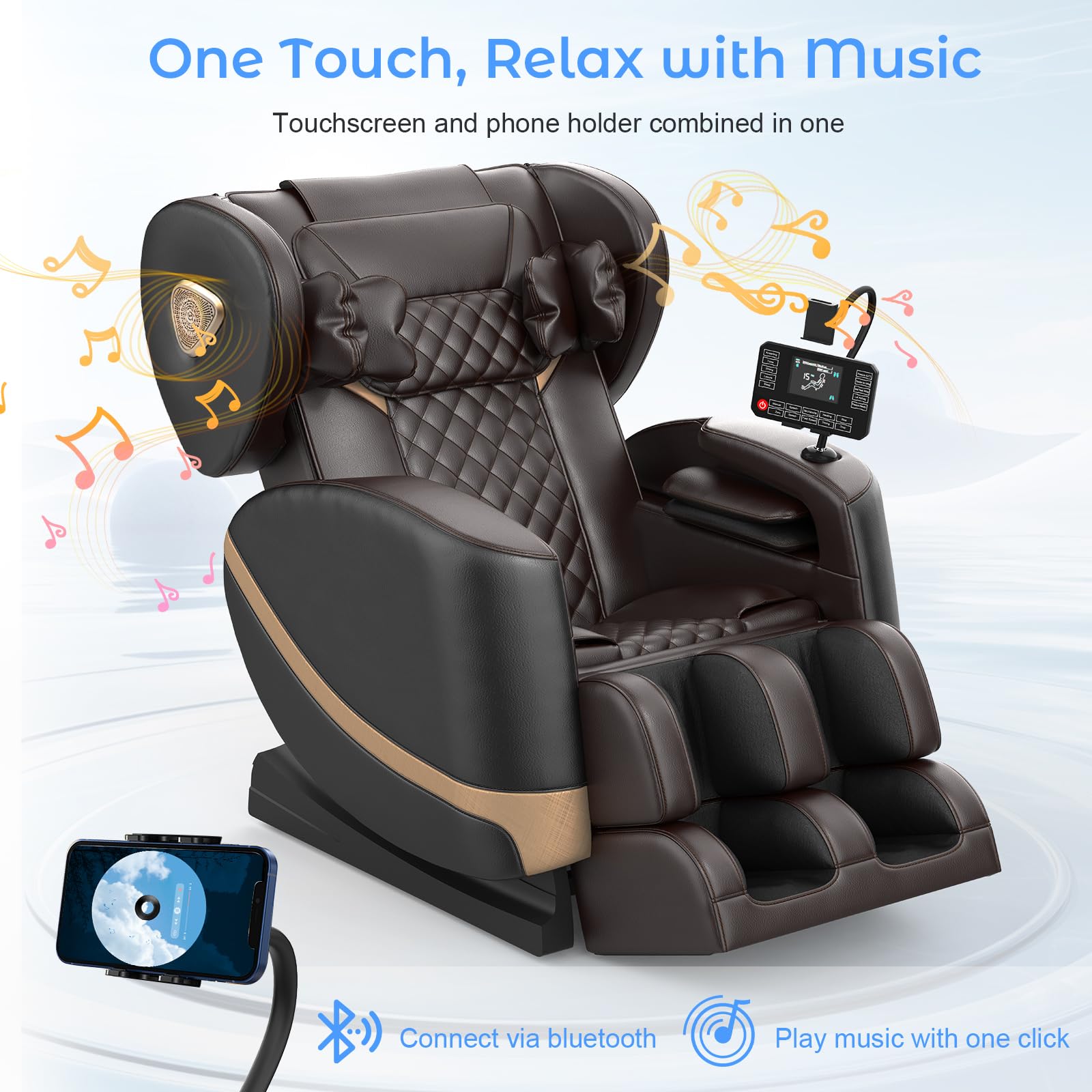 Poltrona Massaggiante per Tutto il Corpo con Rulli e Airbag, Funzione Zero Gravity, Altoparlanti Bluetooth e Touchscreen, Funzione Riscaldante per Vita e Gambe, con Massaggio Plantare (Nero + Marrone)