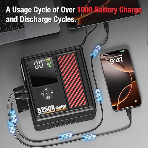 Miniatura 7 de Arrancador de coche portátil de 8250 amperios con compresor de aire, inflador de neumáticos seguro de 150 PSI, inflado rápido de 40 Lmin, con