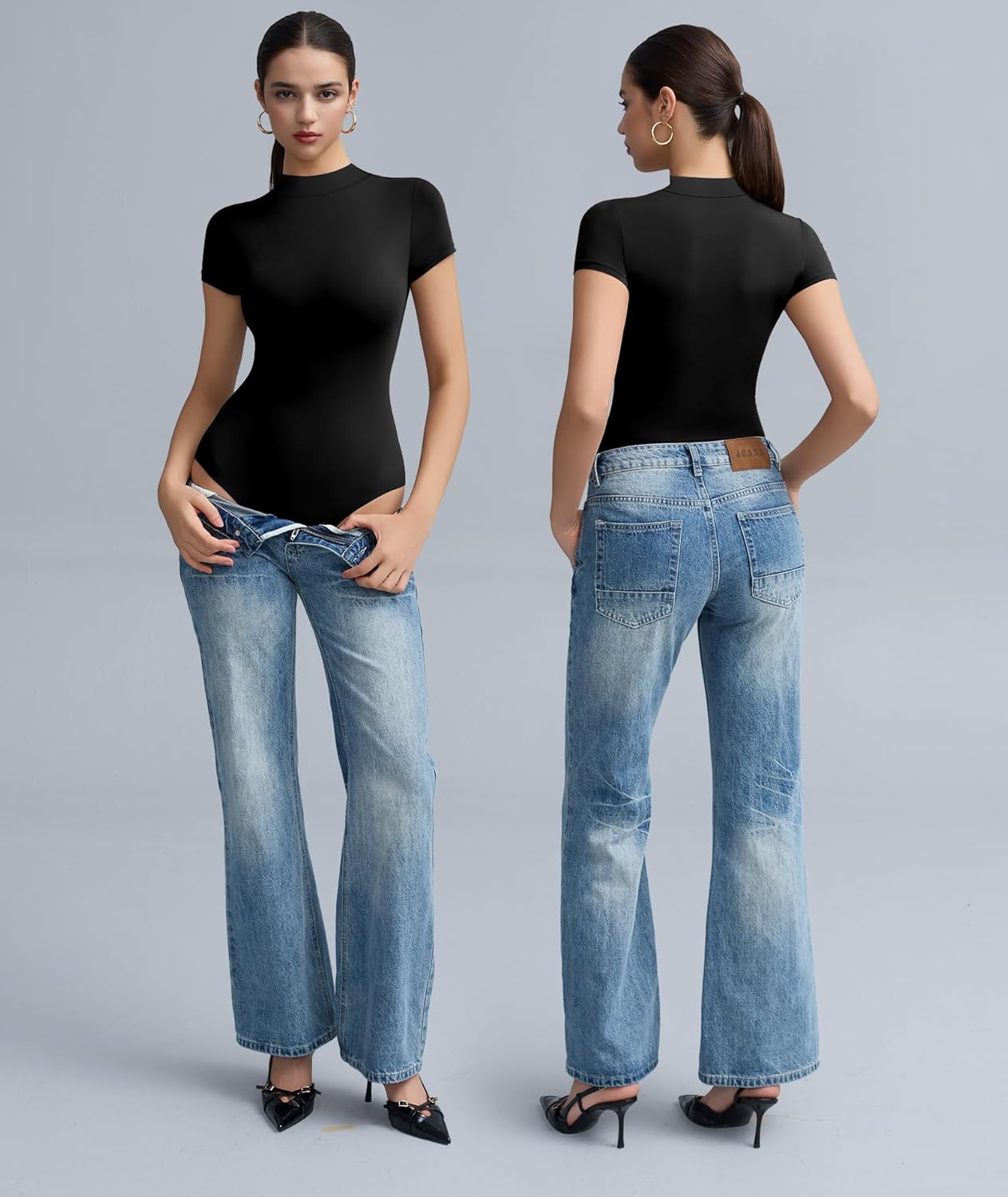 Women's Mock Neck Short Sleeve Bodysuit Double-Lined Seamless Body Suits for Women Basic T-Shirt Tops - Image 6