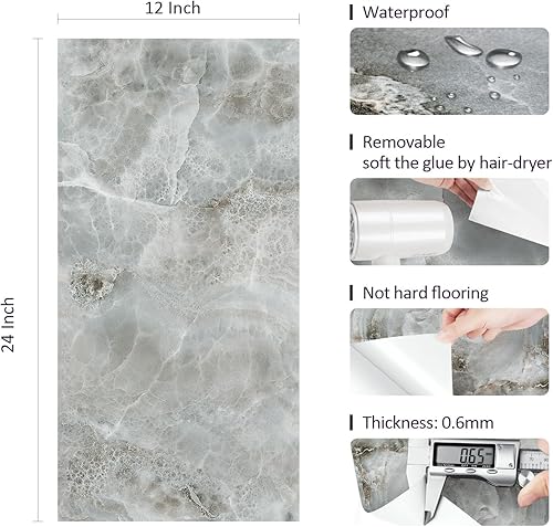 Miniatura 3 de Livelynine Azulejos de suelo de mármol verde de 24 x 12 pulgadas, paquete de 4 unidades para pegar en suelos de vinilo, azulejos autoadhesivos para