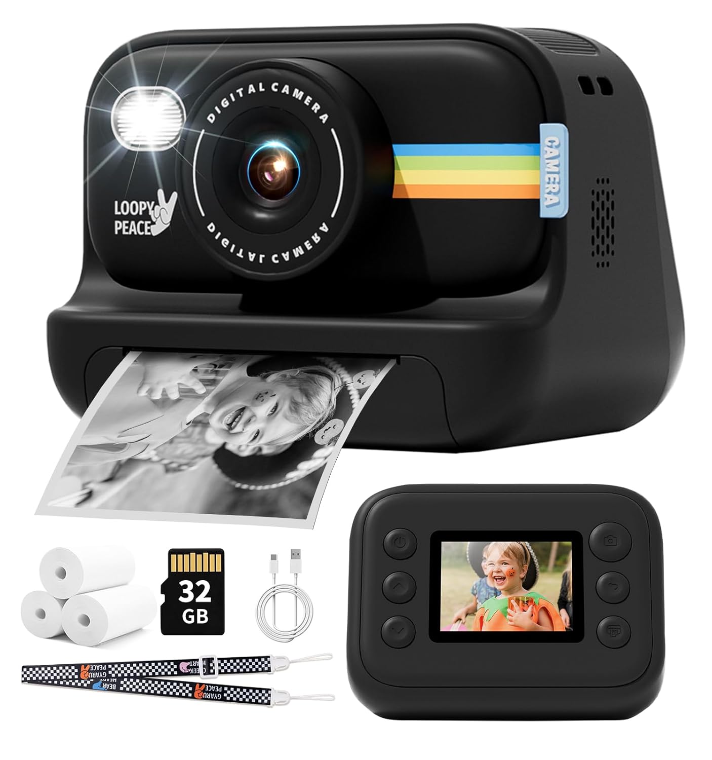Kids Camera Instant Print, Christmas Birthday Gifts for 4-12 Girls Boys, Portable Travel Toy Camera for 4 5 6 7 8 9 10 Boys, 1080P Digital Cameras for Toddler with 32GB SD Card-Black