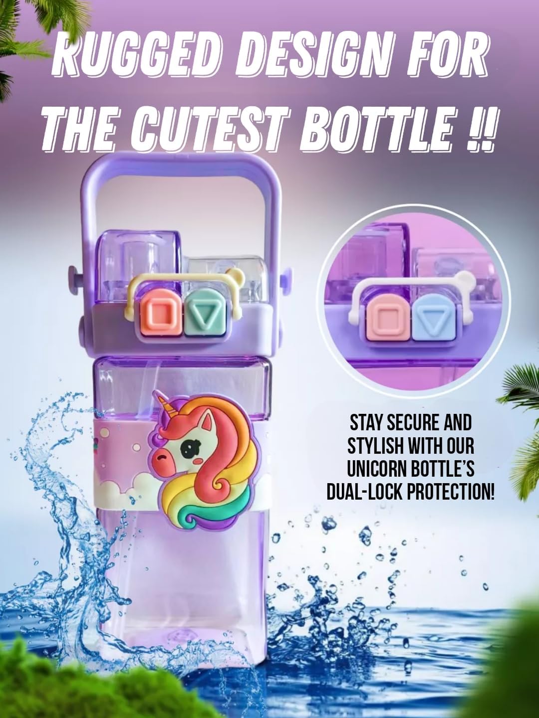 PLUSPOINT Unicorn Water Bottle for Kids with Carry Strap to Hang Double drinking Caps Sipper Bottle with Straw & Wide Mouth Leakproof, BPA Free Tritan Water Bottle for School Kids 520ML (Purple) 2