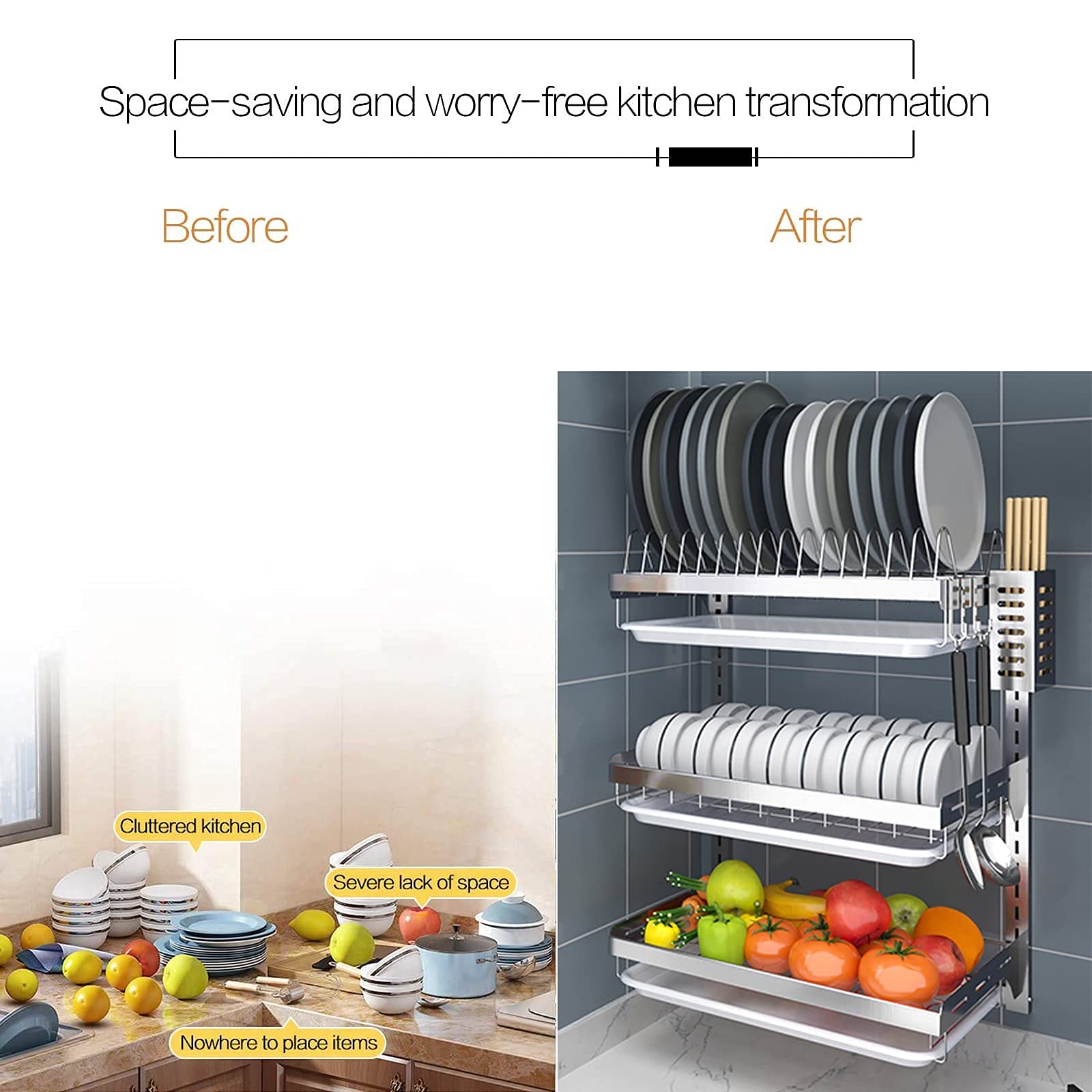 Escurridor de platos, estante de almacenamiento de cocina de acero inoxidable montado en la pared con bandeja de drenaje, sistema de drenaje resistente para un secado y organización eficientes