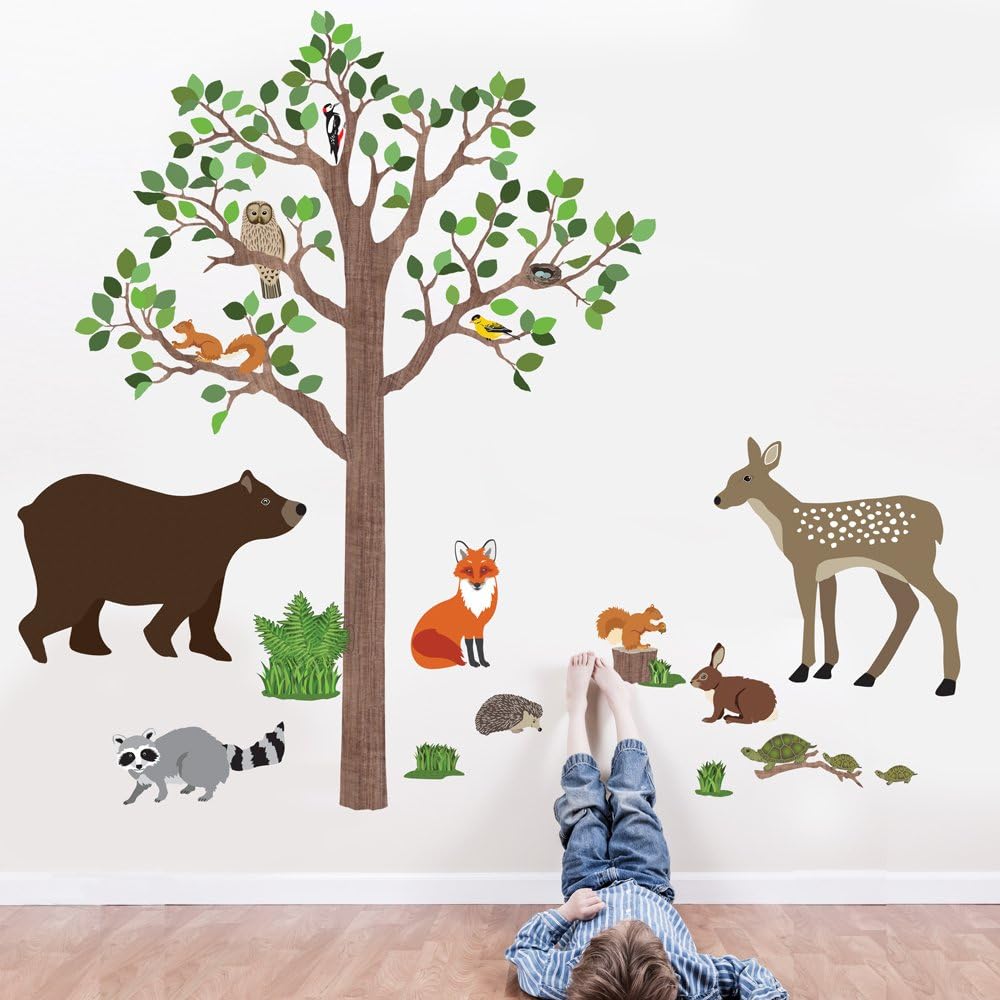 Large Woodland Animal Wall Decals and 7 ft Tree Wall Decal Repositionable Peel and Stick