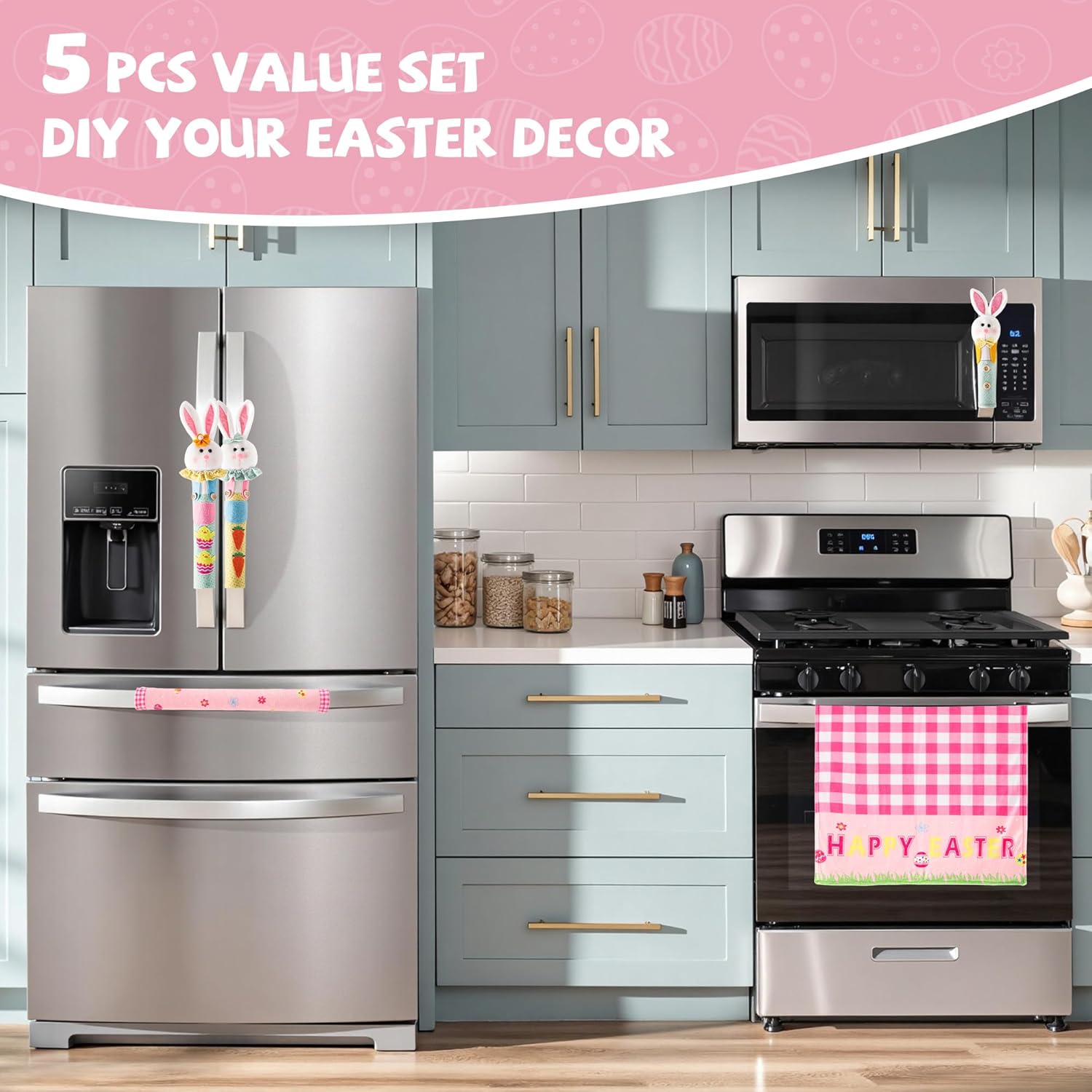 5 Pack Easter Refrigerator Handle Covers & 2 Pack Easter Bunny Decorations for Home, Easter Standing Bunny Indoor Decor, Spring Rabbit Home Party Favor Supplies