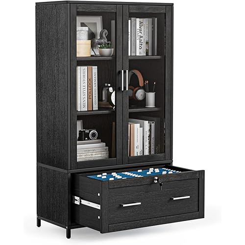 VINGLI Lateral File Cabinet with Glass Doors and Locking Drawer for Hanging File Folders, Bookshelf with Adjustable Shelves for Home Office (Black, 30''W x 16''D x 55''H)