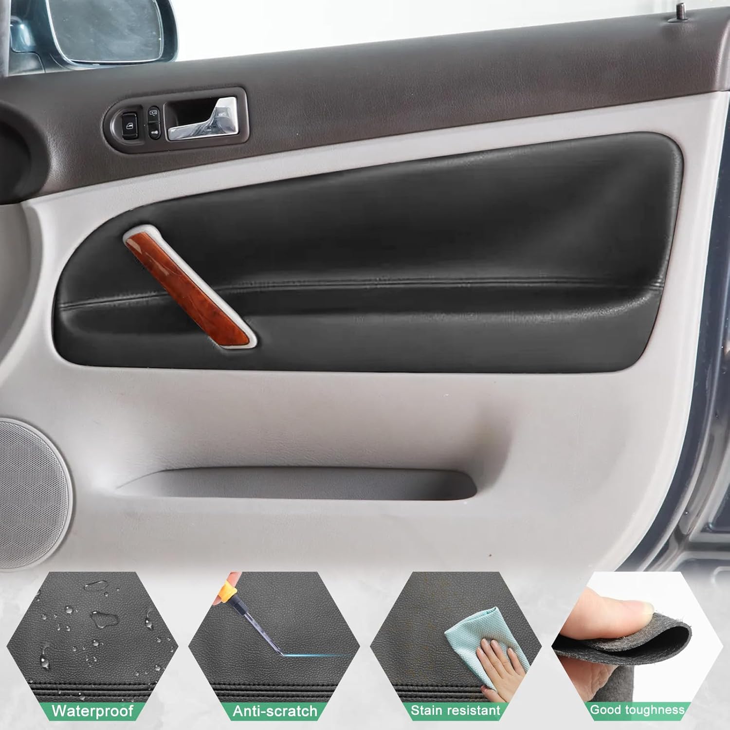 4PCS Door Panel Armrest Cover Compatible with Volkswagen Passat B5 1998 1999 2000 2001 2002 2003 2004 2005 Front and Back Vinyl Leather Insert Cards Protector Trim Black (Only Leather Part)