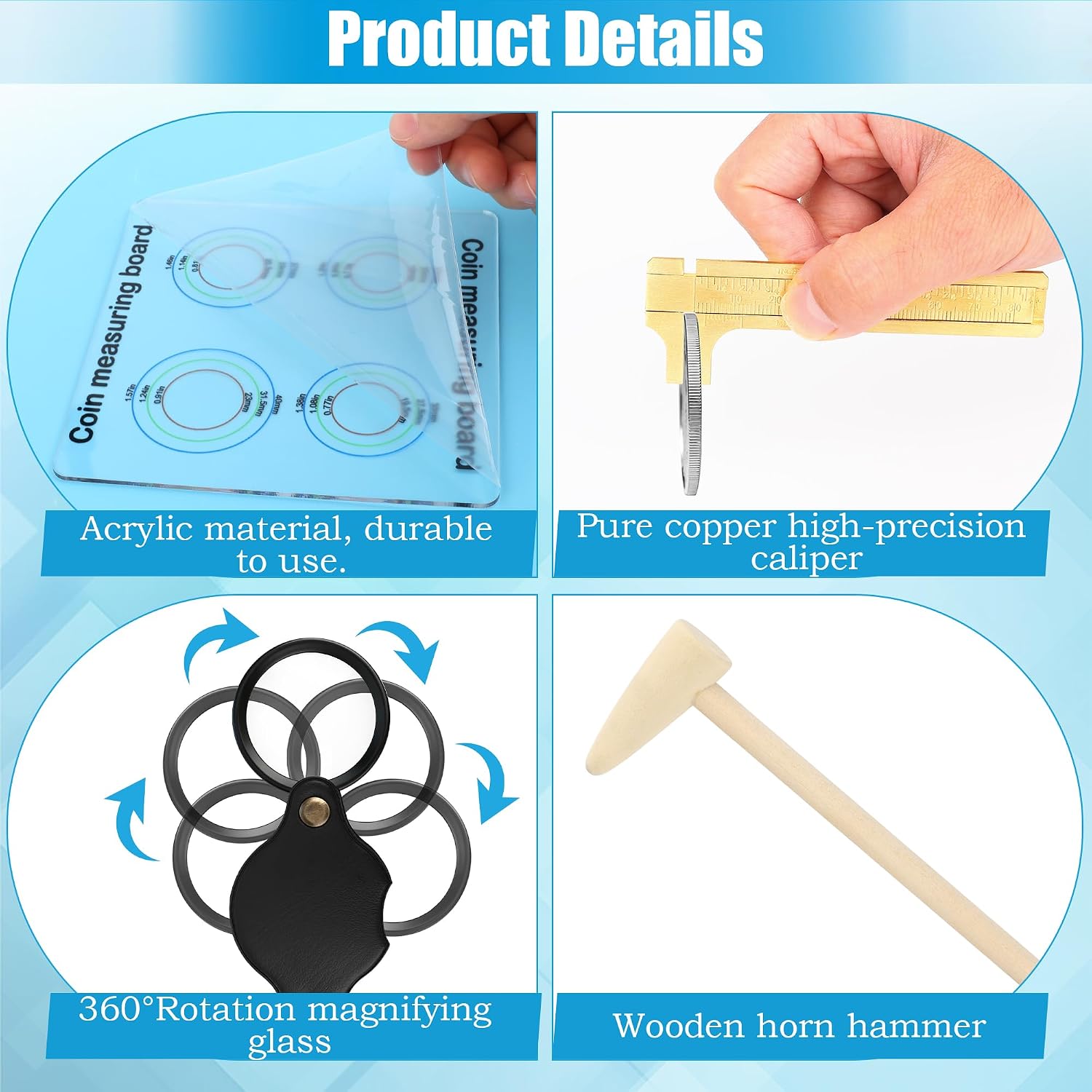 Coitak Silver Coin Ping Tester Kit, Gold Testing Kit, Include Coin Holder, Magnifier, Magnetic Clasp, Calipers, Measuring Mat, Glove, Flashlight