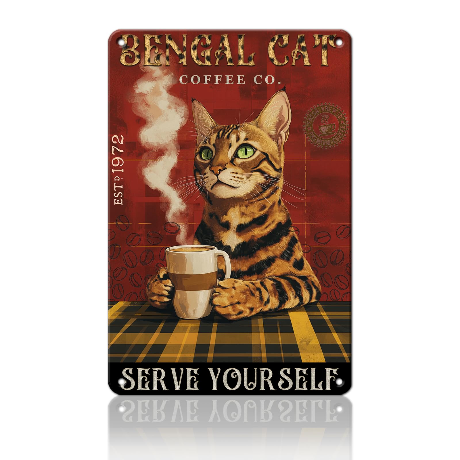 Anceky Funny Sign Bengal Cat Coffee Metal Tin Sign Retro Wall Decor for Porch Yard Home Cafe Outdoor 12×16 Inch